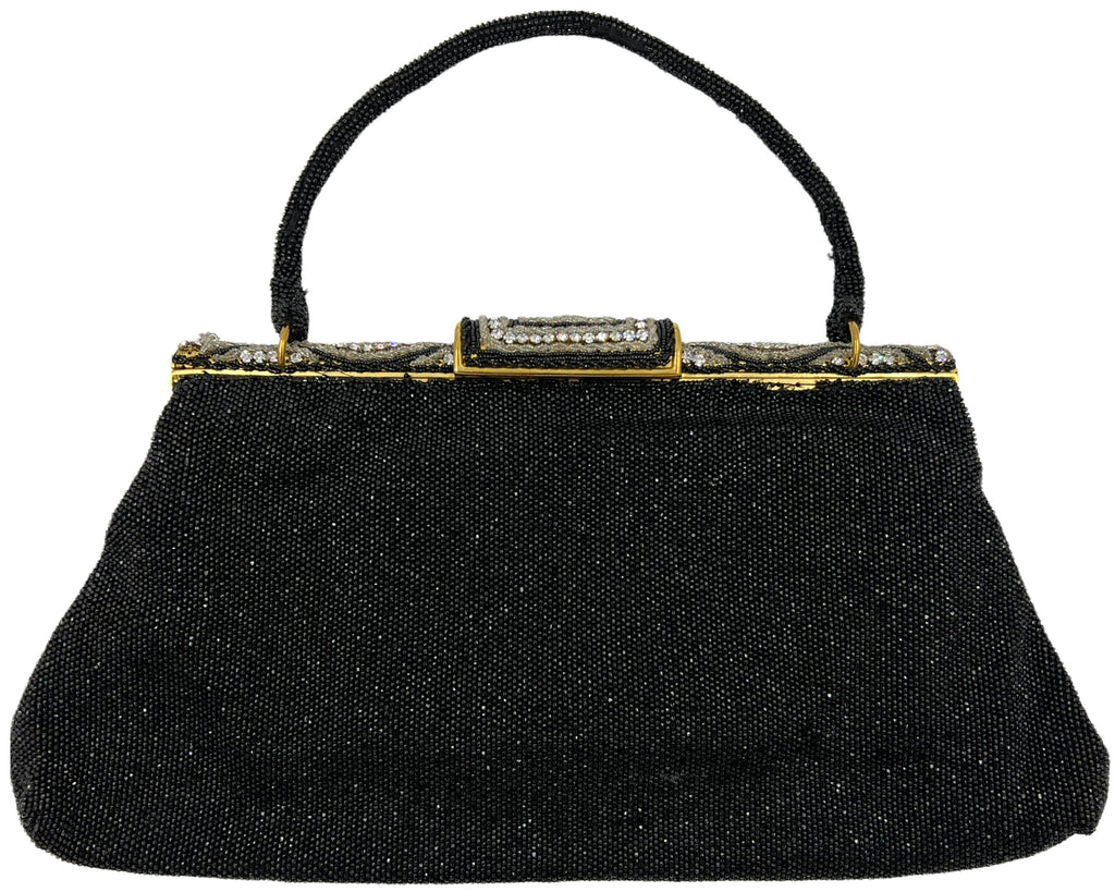 Vintage 1950s Evening Bag w Diamante Clasp Black Beaded Purse Hand Made in France - VFG - Poppy's Vintage Clothing