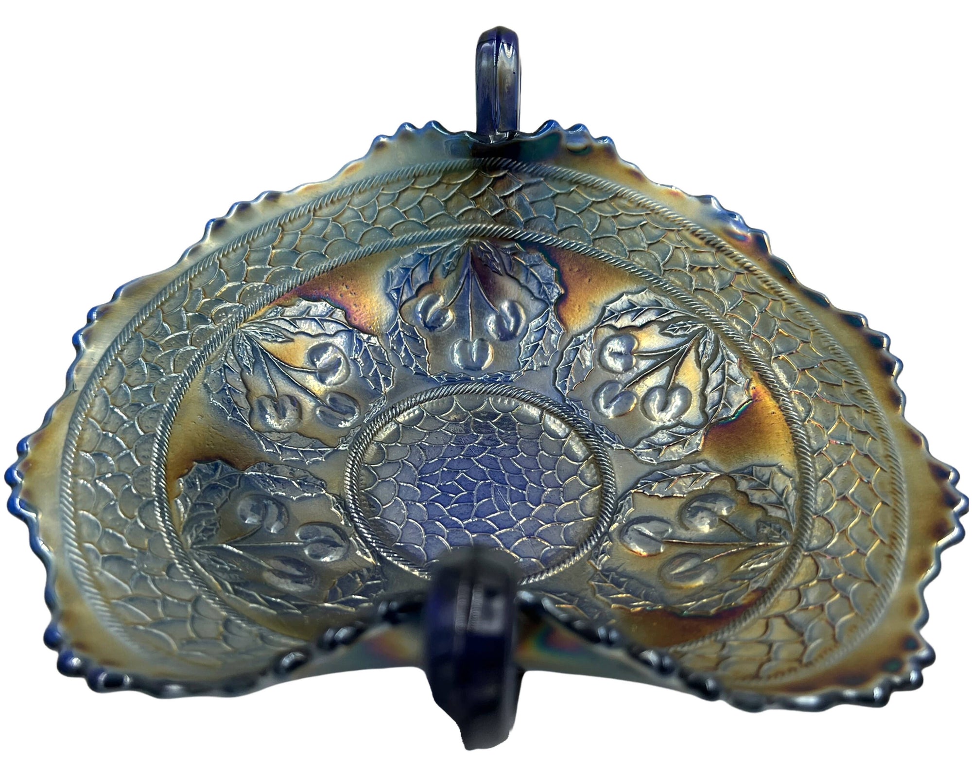 Antique Fenton Cherry Circles Carnival Glass 2 Handled Candy Dish Card Tray Iridescent Blue - Poppy's Vintage Clothing