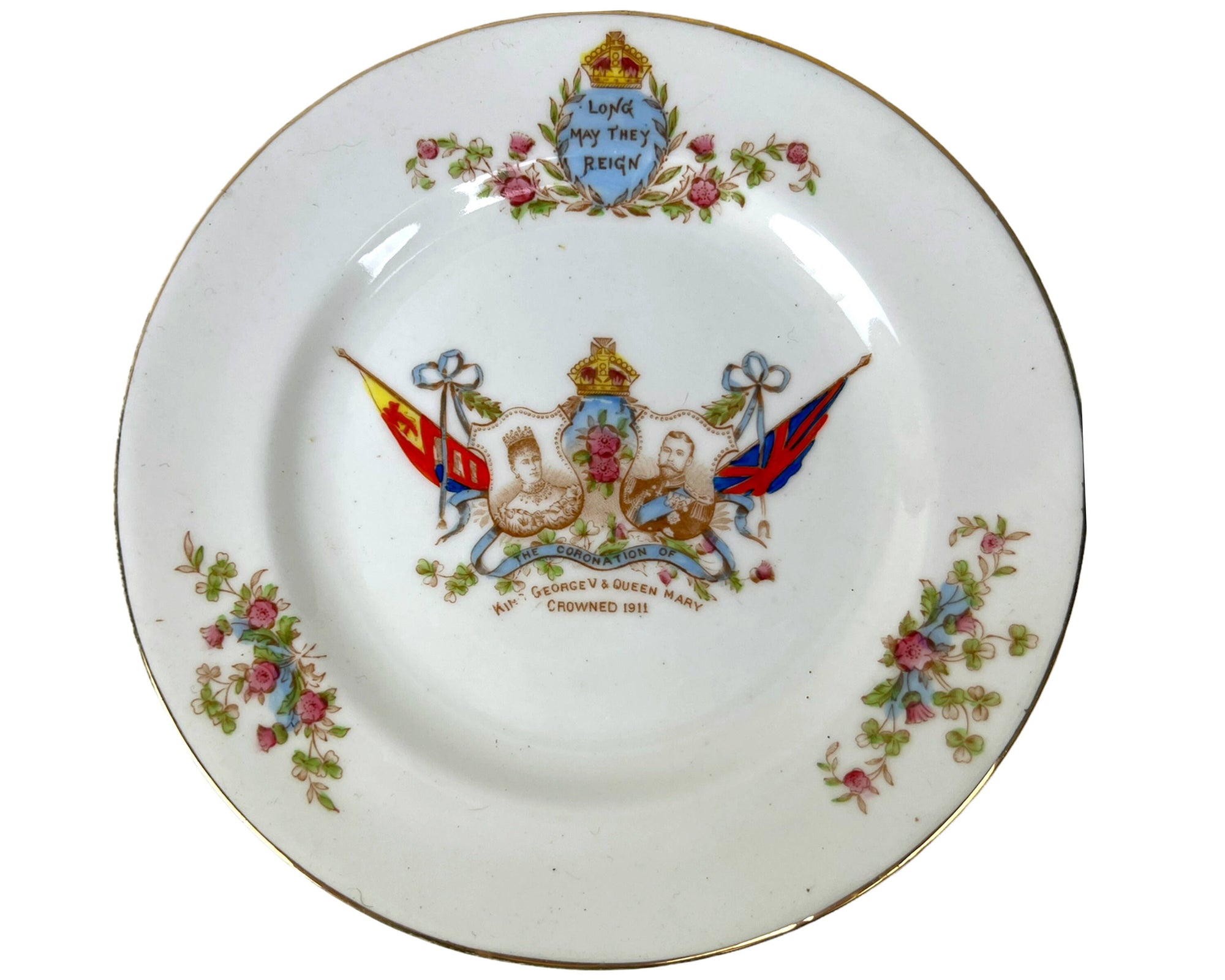 Antique 1911 King George V Coronation Plate Trio HM Williamson Longton - Poppy's Vintage Clothing