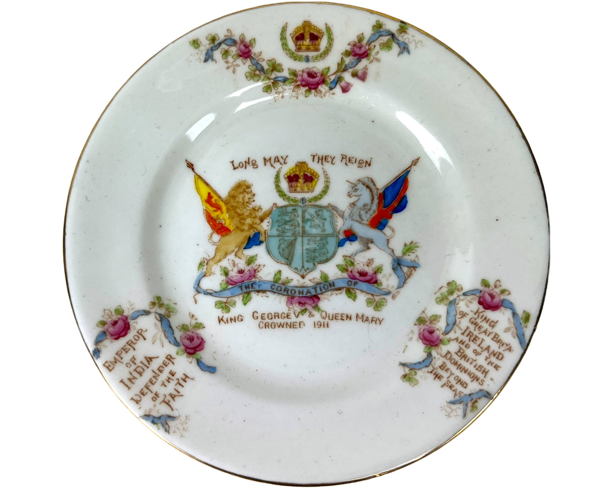 Antique 1911 King George V Coronation Plate Trio HM Williamson Longton - Poppy's Vintage Clothing