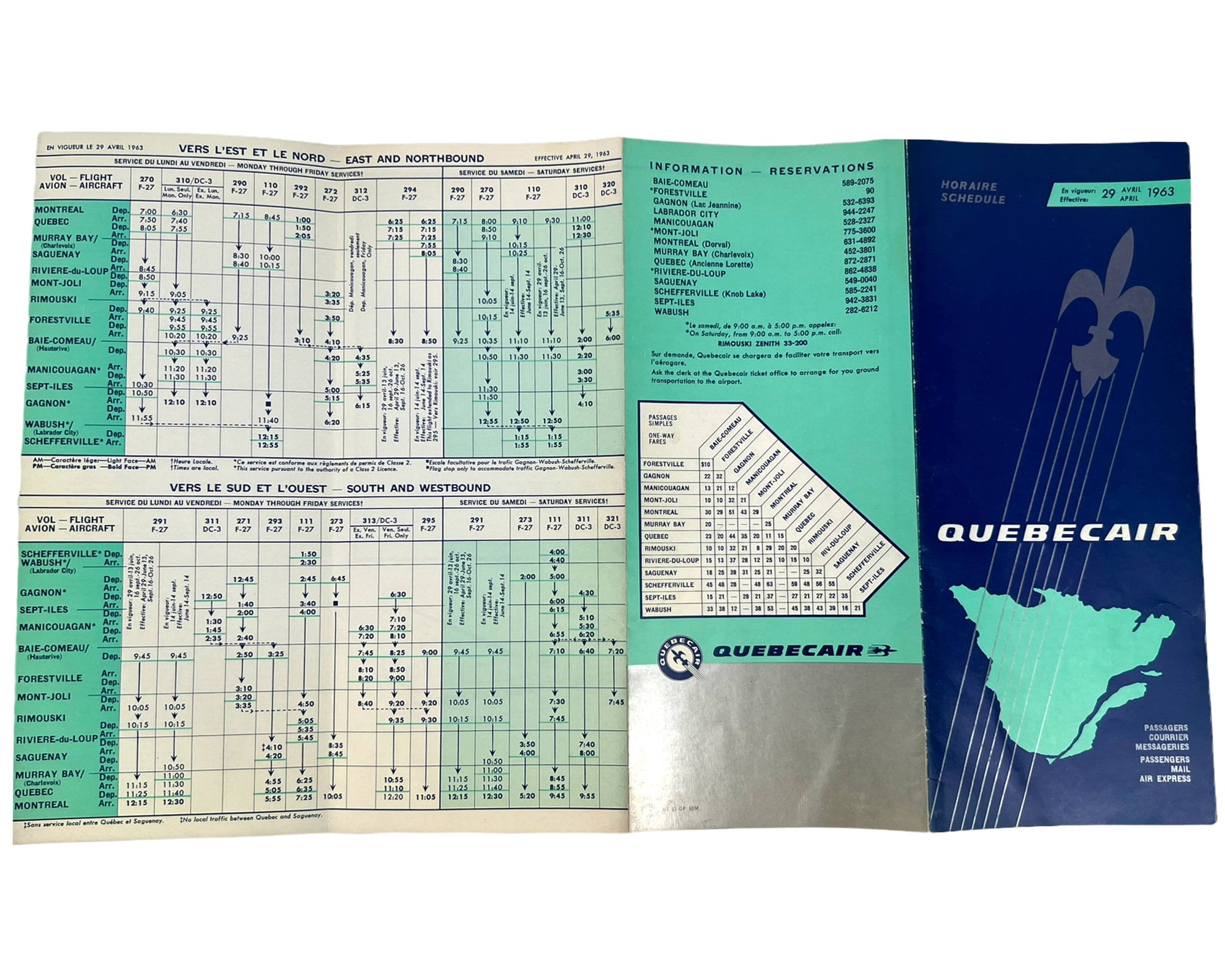 Vintage Quebecair Schedule April 29 1963 Quebec Airline - Poppy's Vintage Clothing
