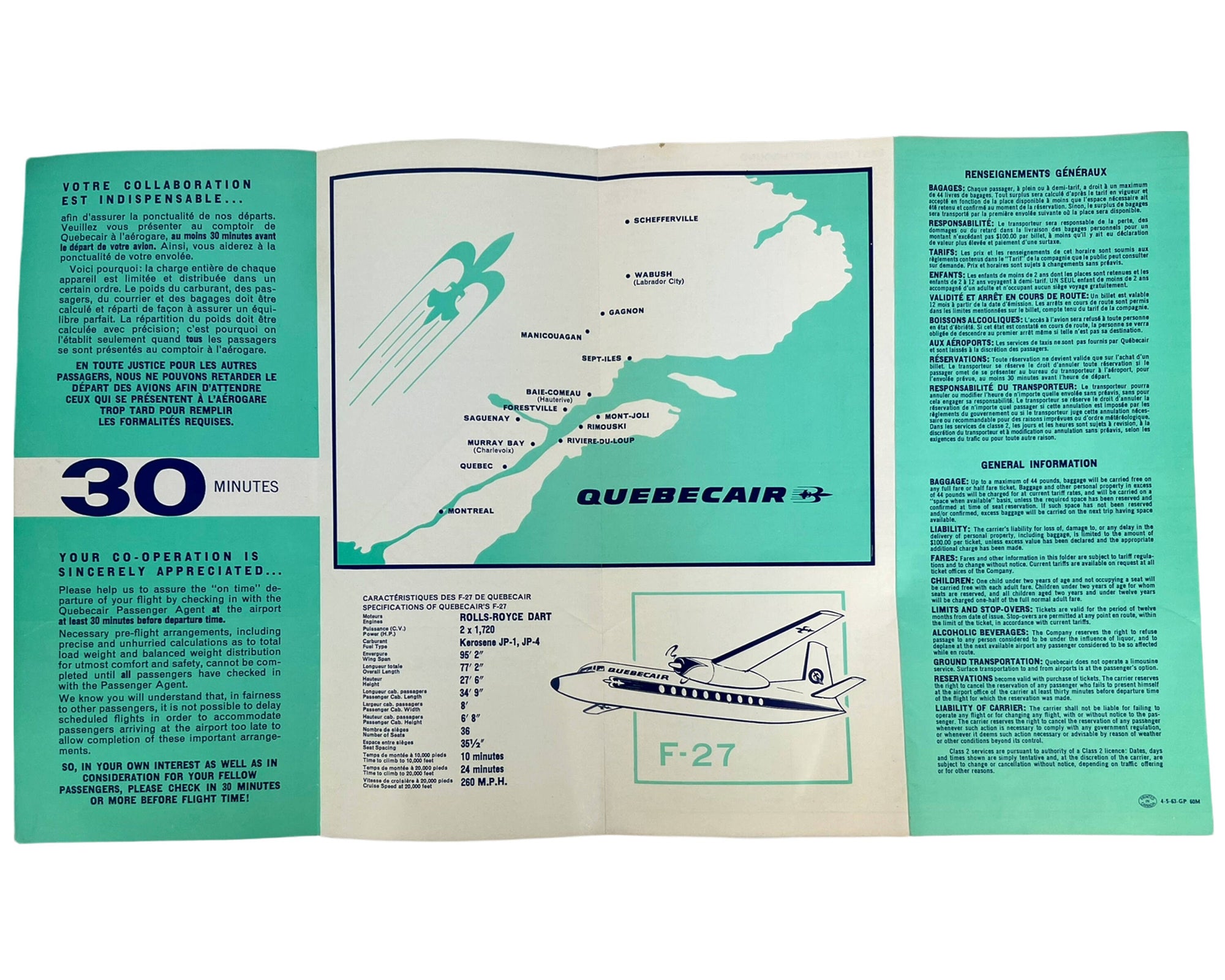 Vintage Quebecair Schedule April 29 1963 Quebec Airline - Poppy's Vintage Clothing