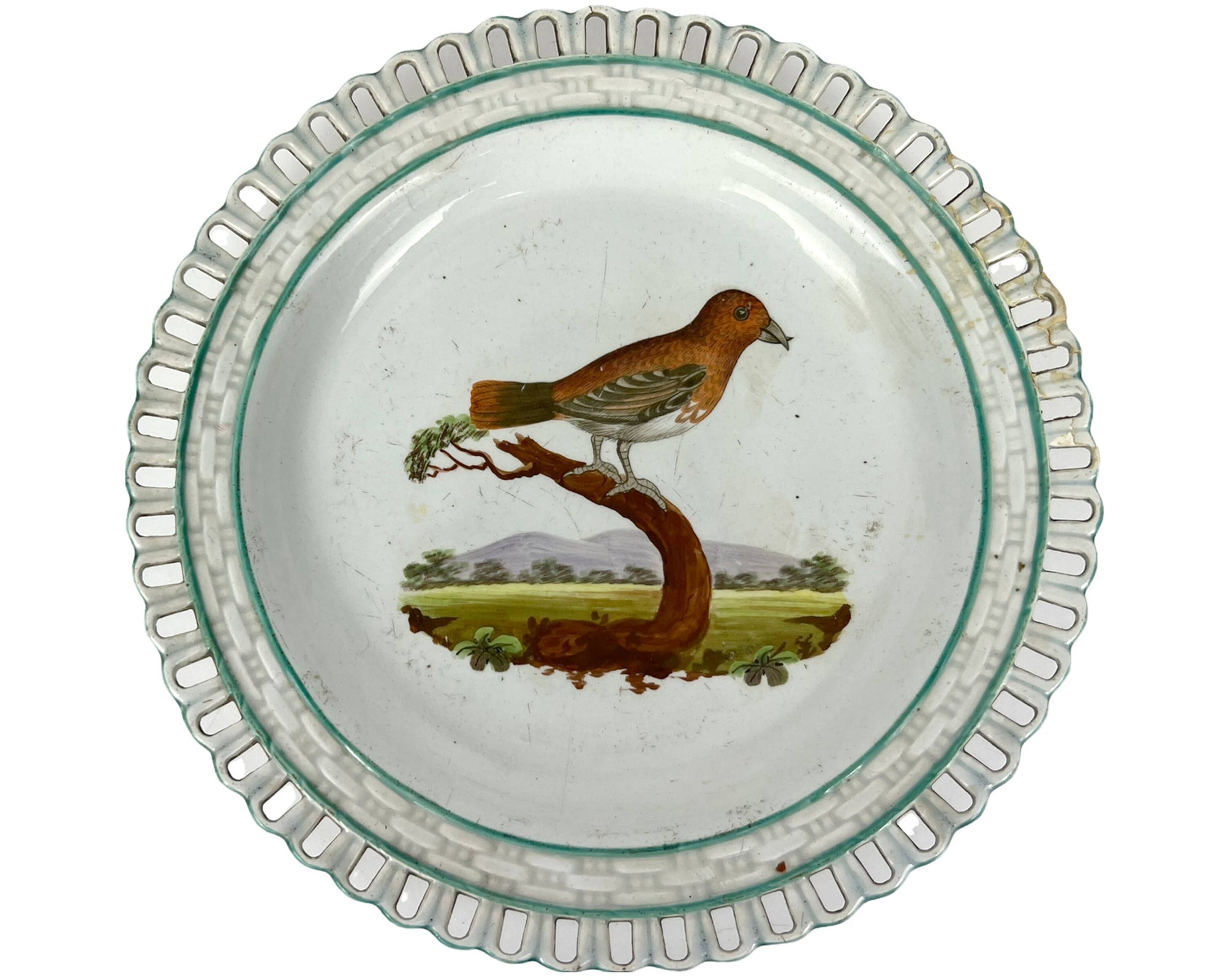 Antique Pearlware Plate Hand Painted Red Cross Bill Bird Georgian Era - Poppy's Vintage Clothing