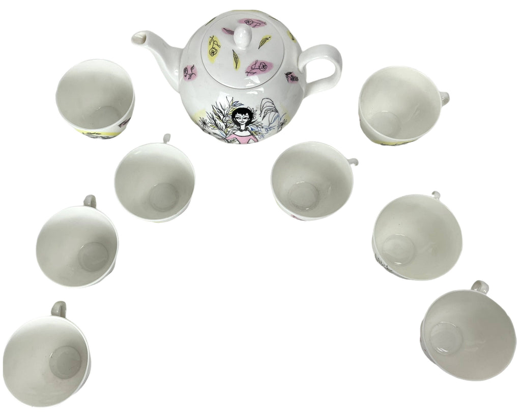 Vintage 1950s Foley Bone China Alice Pattern Teapot & 8 Cups Maureen Tanner - Poppy's Vintage Clothing