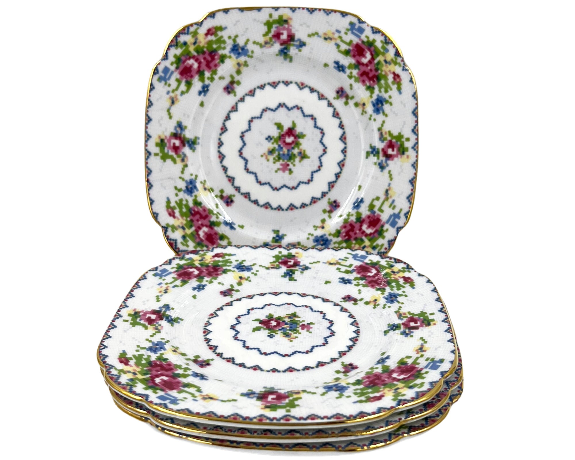 Vintage Royal Albert Bone China Petit Point 4 Square Dessert Plates 6 - Poppy's Vintage Clothing