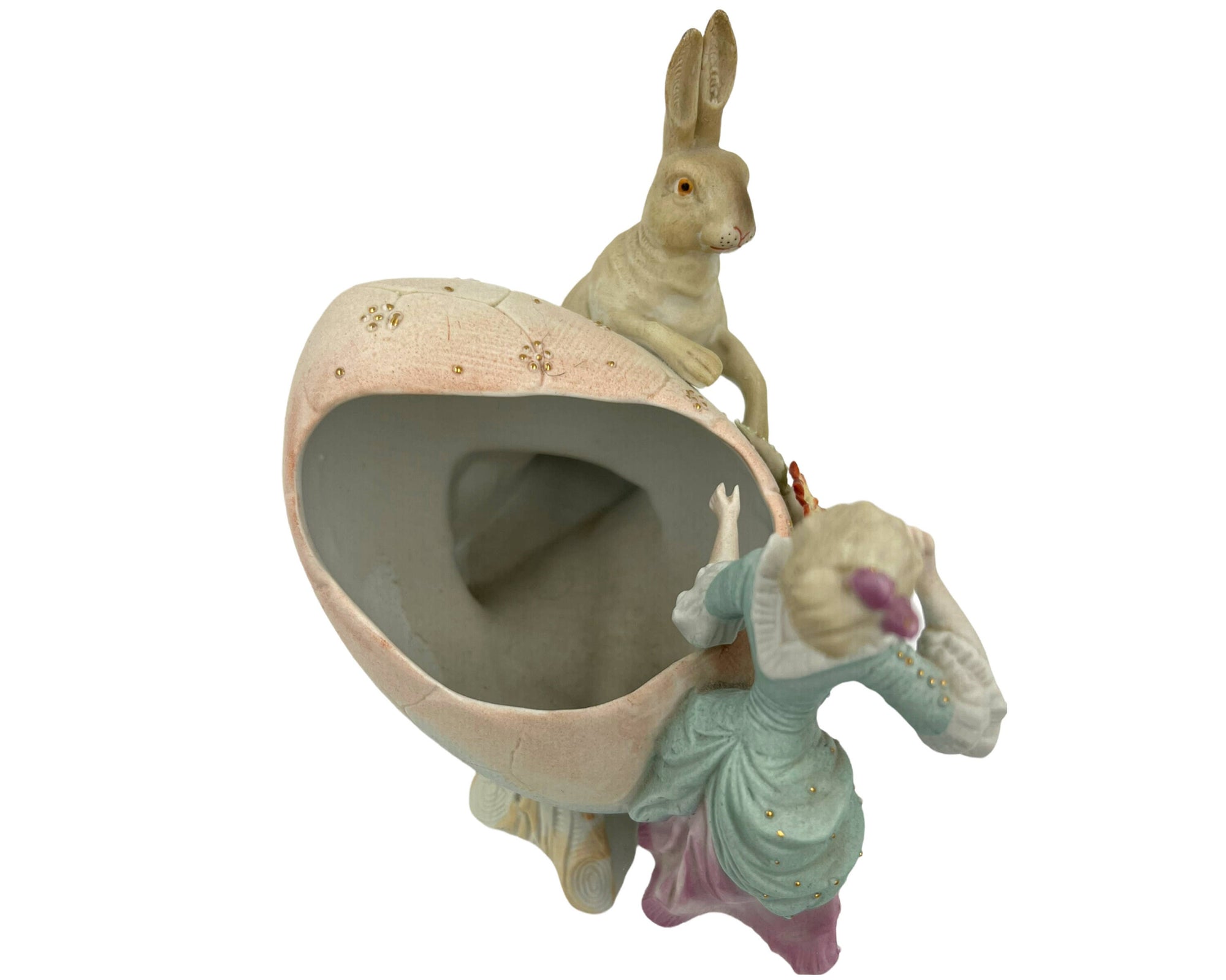 Victorian Antique Easter Egg Bisque Figural Planter of Bunny Rabbit with Woman Figurine - Poppy's Vintage Clothing