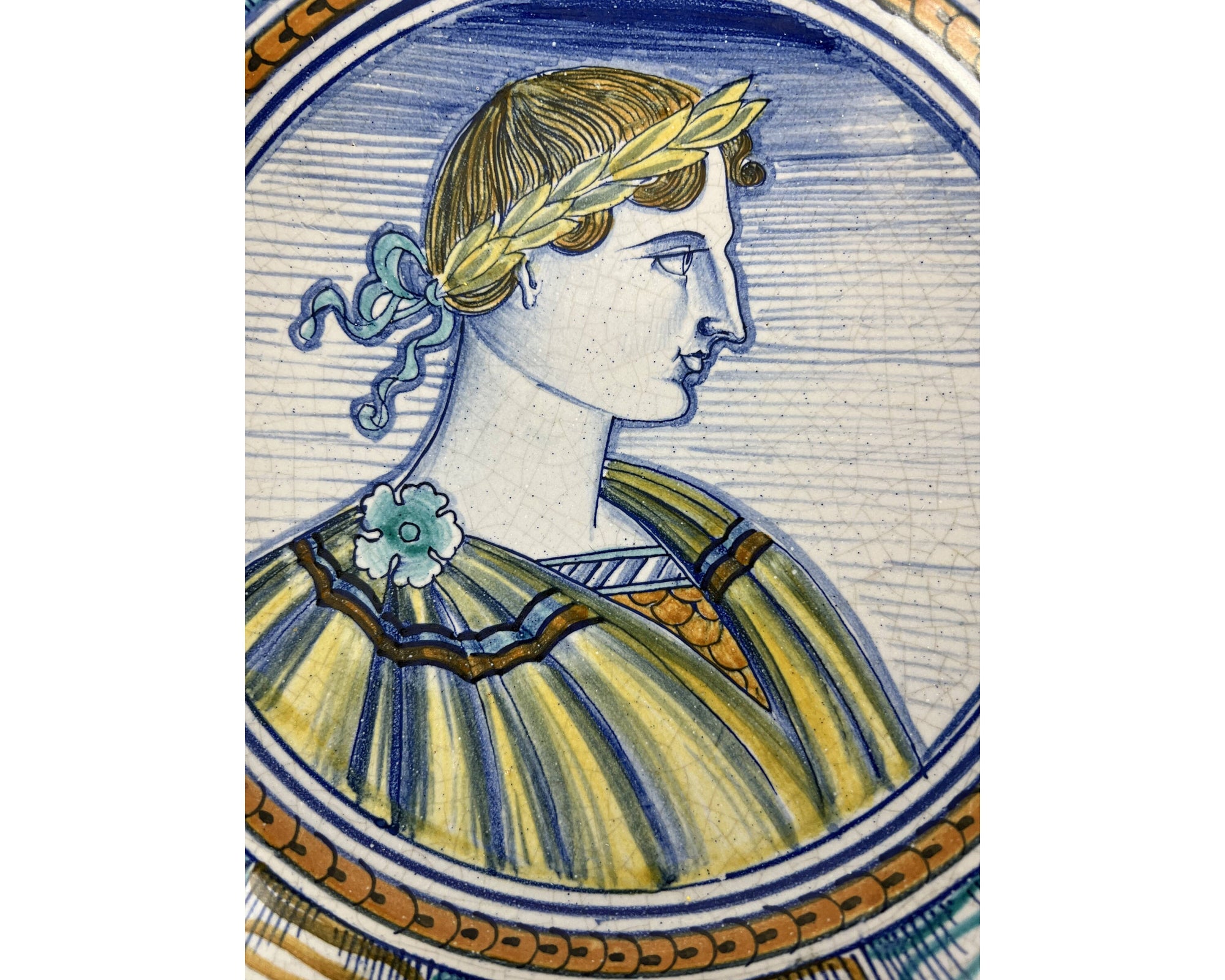 Vintage Italian Majolica Portrait Plate Charger Unsigned Deruta Style 12.75 - Poppy's Vintage Clothing