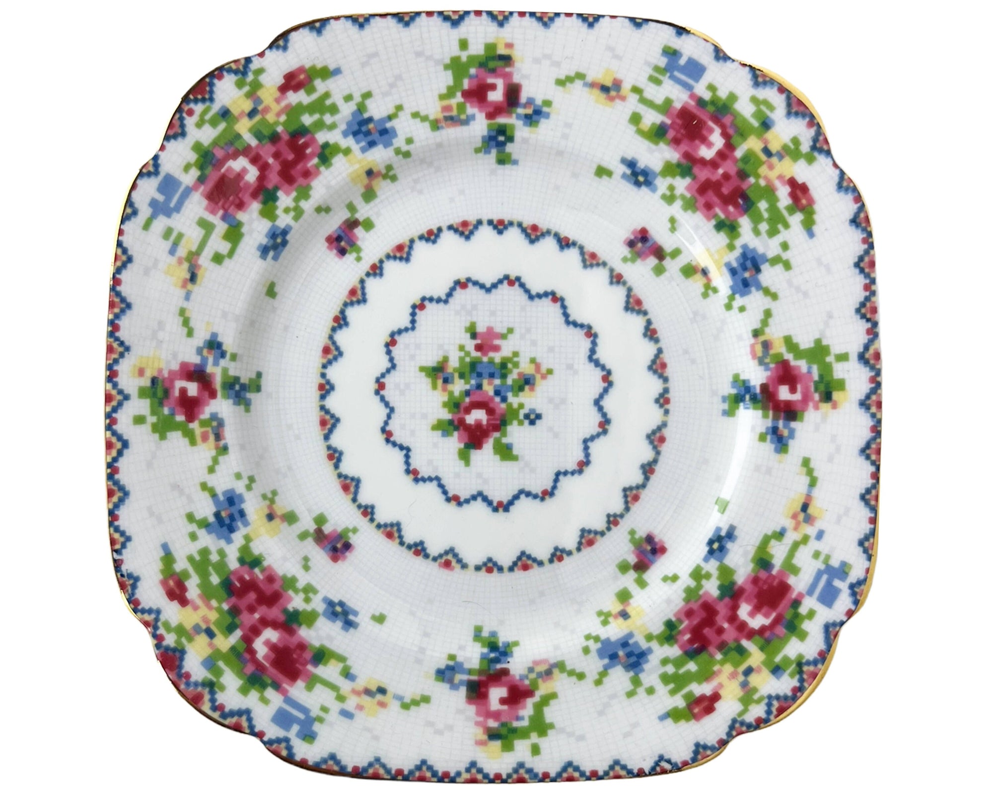 Vintage Royal Albert Bone China Petit Point 4 Square Dessert Plates 6 - Poppy's Vintage Clothing