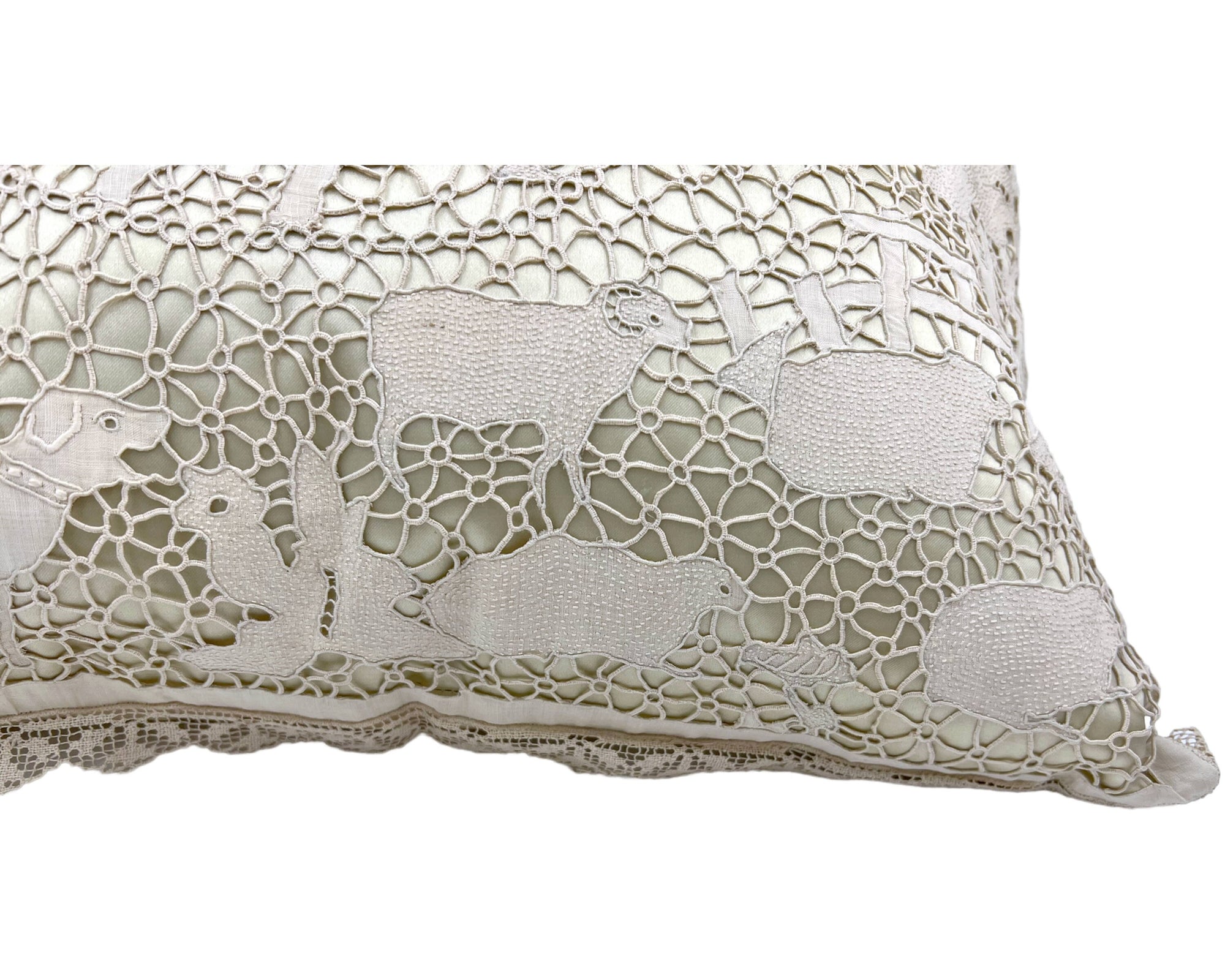 Antique Cutwork Lace Pillow Sham Cushion Cover w Cupid & Sheep - Poppy's Vintage Clothing