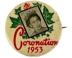 Vintage 1953 Queen Elizabeth II Coronation Pinback Canadian Button Pin - Poppy's Vintage Clothing