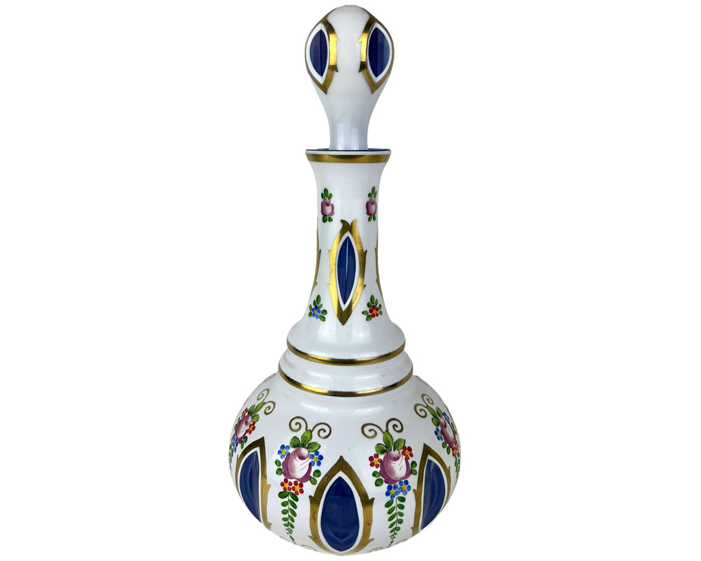 Vintage Czech Bohemian Cased Glass Decanter White Cut to Blue Windows Hand Painted - Poppy's Vintage Clothing