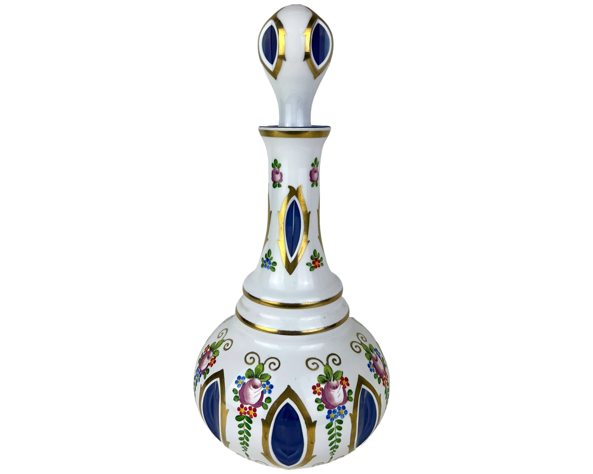 Vintage Czech Bohemian Cased Glass Decanter White Cut to Blue Windows Hand Painted - Poppy's Vintage Clothing