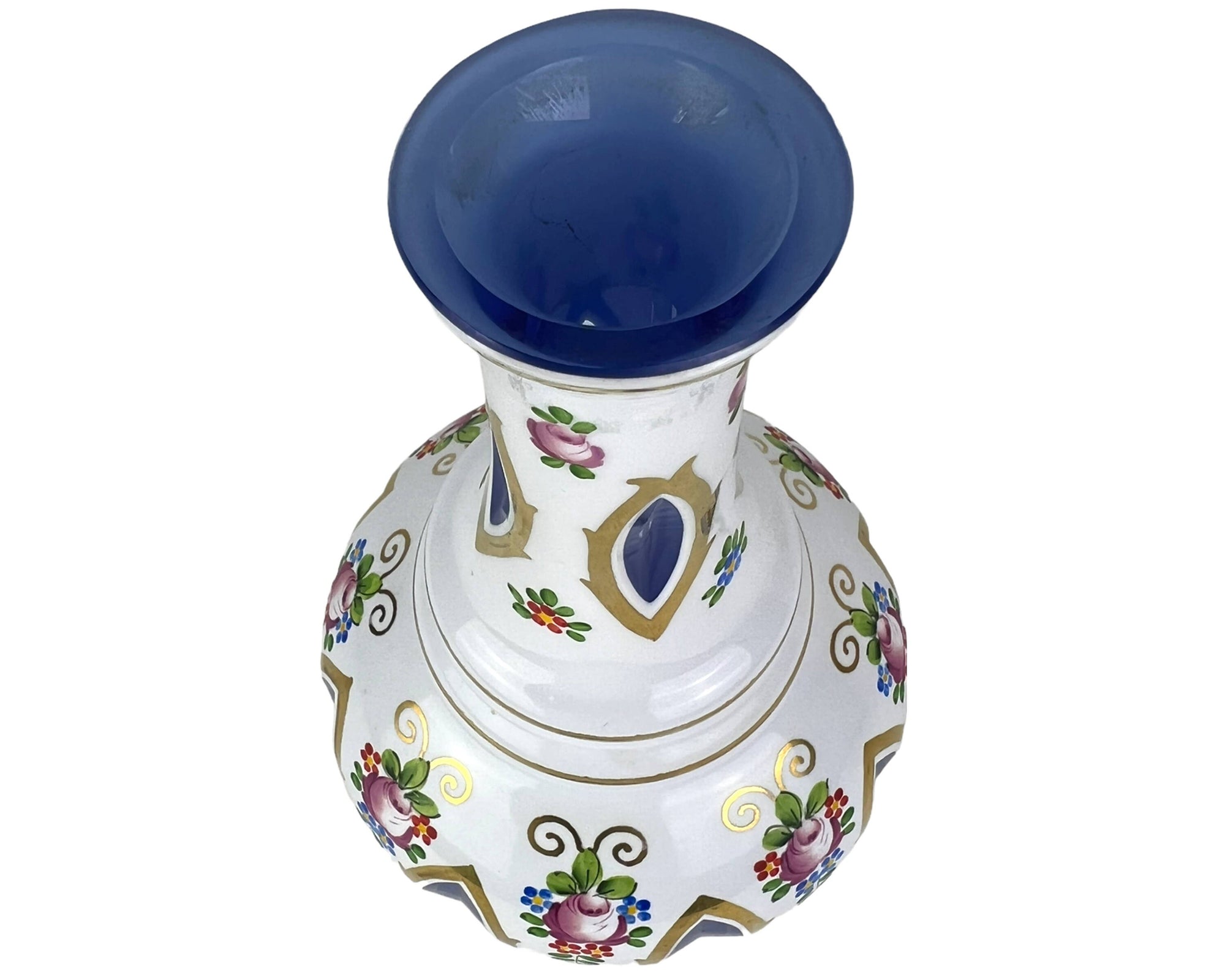Vintage Czech Bohemian Cased Glass Decanter White Cut to Blue Windows Hand Painted - Poppy's Vintage Clothing