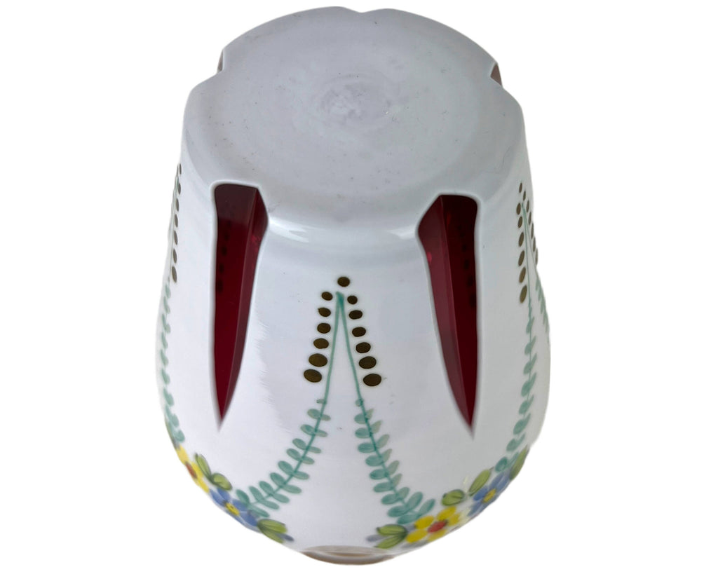Vintage Czech Bohemian Cased Glass Vase White Cut to Cranberry Windows Hand Painted - Poppy's Vintage Clothing