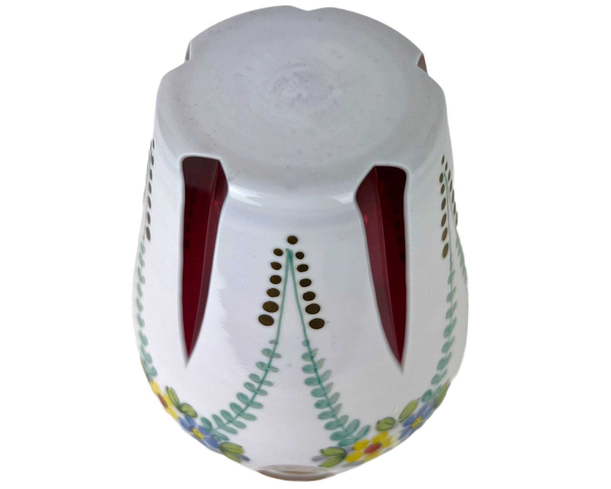 Vintage Czech Bohemian Cased Glass Vase White Cut to Cranberry Windows Hand Painted - Poppy's Vintage Clothing