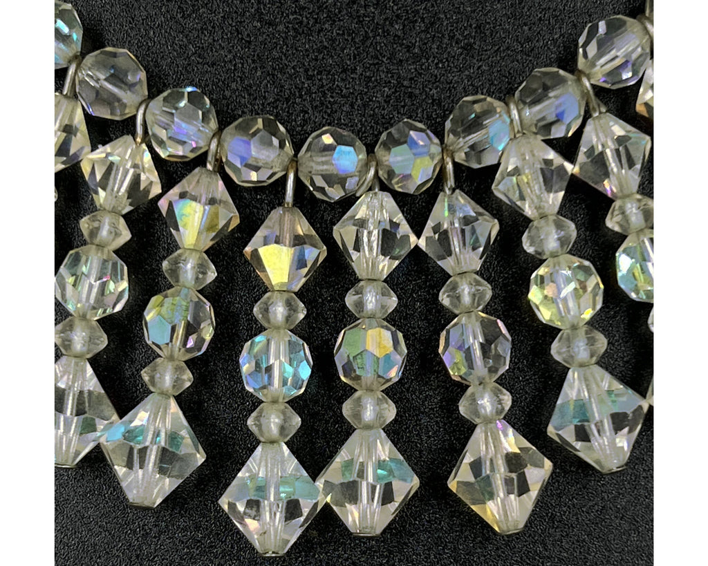 Vintage Crystal Glass Choker Necklace w Dangle Front Faceted Clear Reflective Beads VFG - Poppy's Vintage Clothing