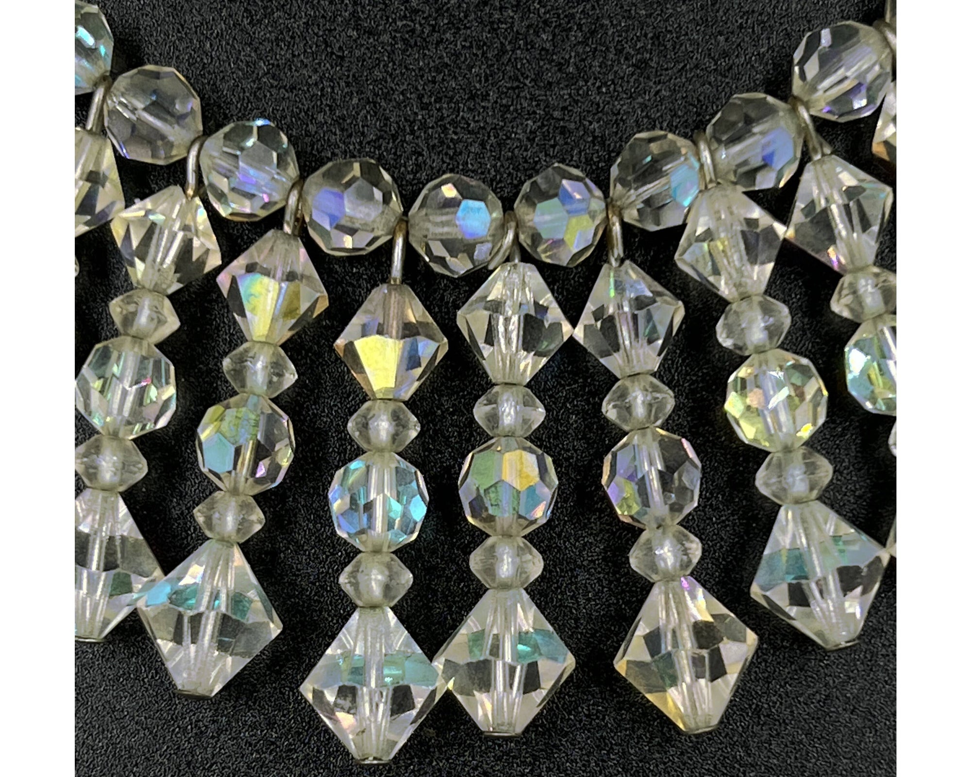 Vintage Crystal Glass Choker Necklace w Dangle Front Faceted Clear Reflective Beads VFG - Poppy's Vintage Clothing