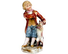 Antique 19th c Sitzendorf Porcelain Miniature Figurine of Boy with Dog Gebruder Voigt - Poppy's Vintage Clothing