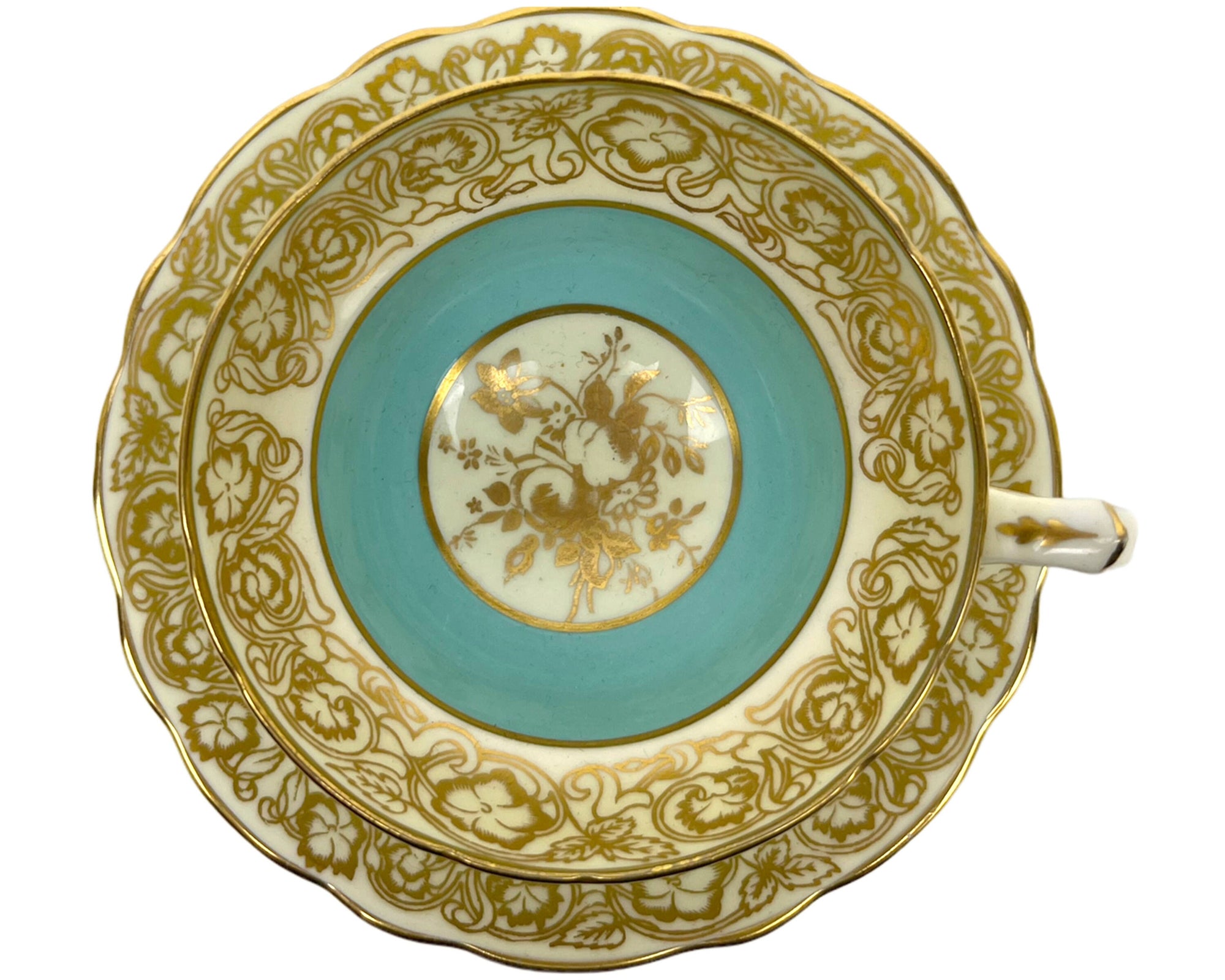 Vintage 1940s Hammersley Bone China Cup & Saucer Gold Floral and Turquoise 4897/5 - Poppy's Vintage Clothing