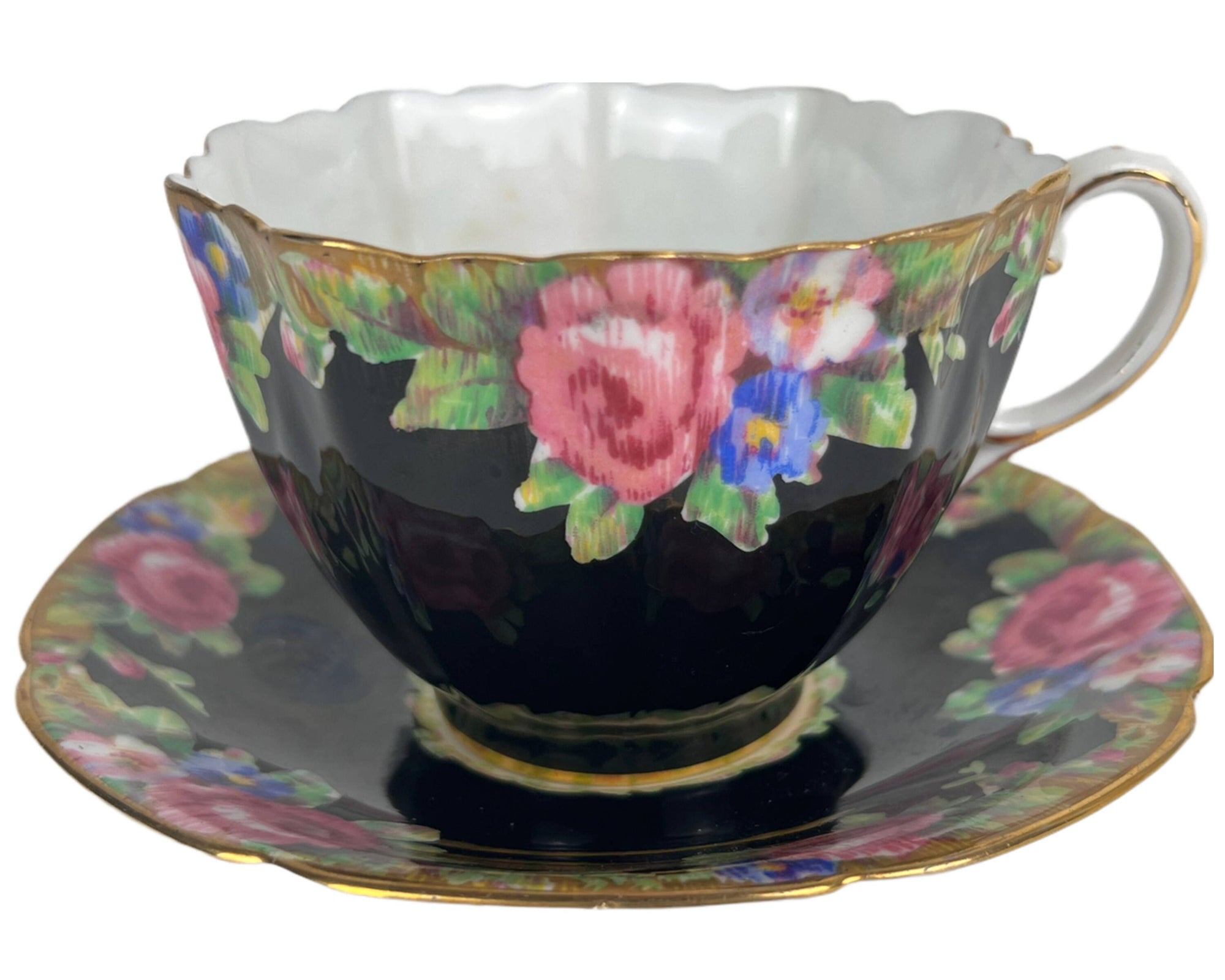 Vintage 1950s Paragon Bone China Cup & Saucer Tapestry Rose Black C 5459 - Poppy's Vintage Clothing