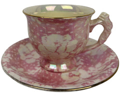 1940s Royal Winton Grimwades Pink Brocade Rose Cup & Saucer w Rosebud Flower Handle - Poppy's Vintage Clothing