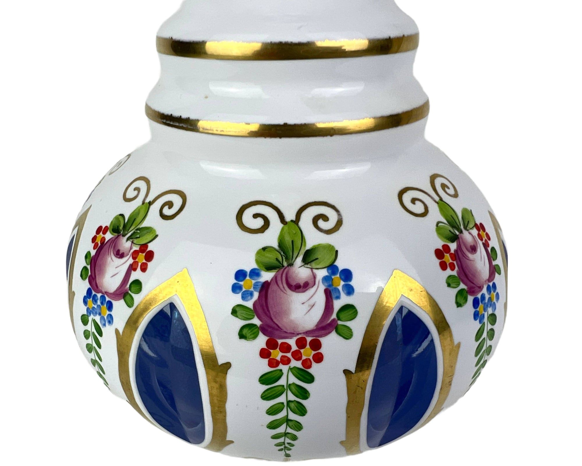 Vintage Czech Bohemian Cased Glass Decanter White Cut to Blue Windows Hand Painted - Poppy's Vintage Clothing