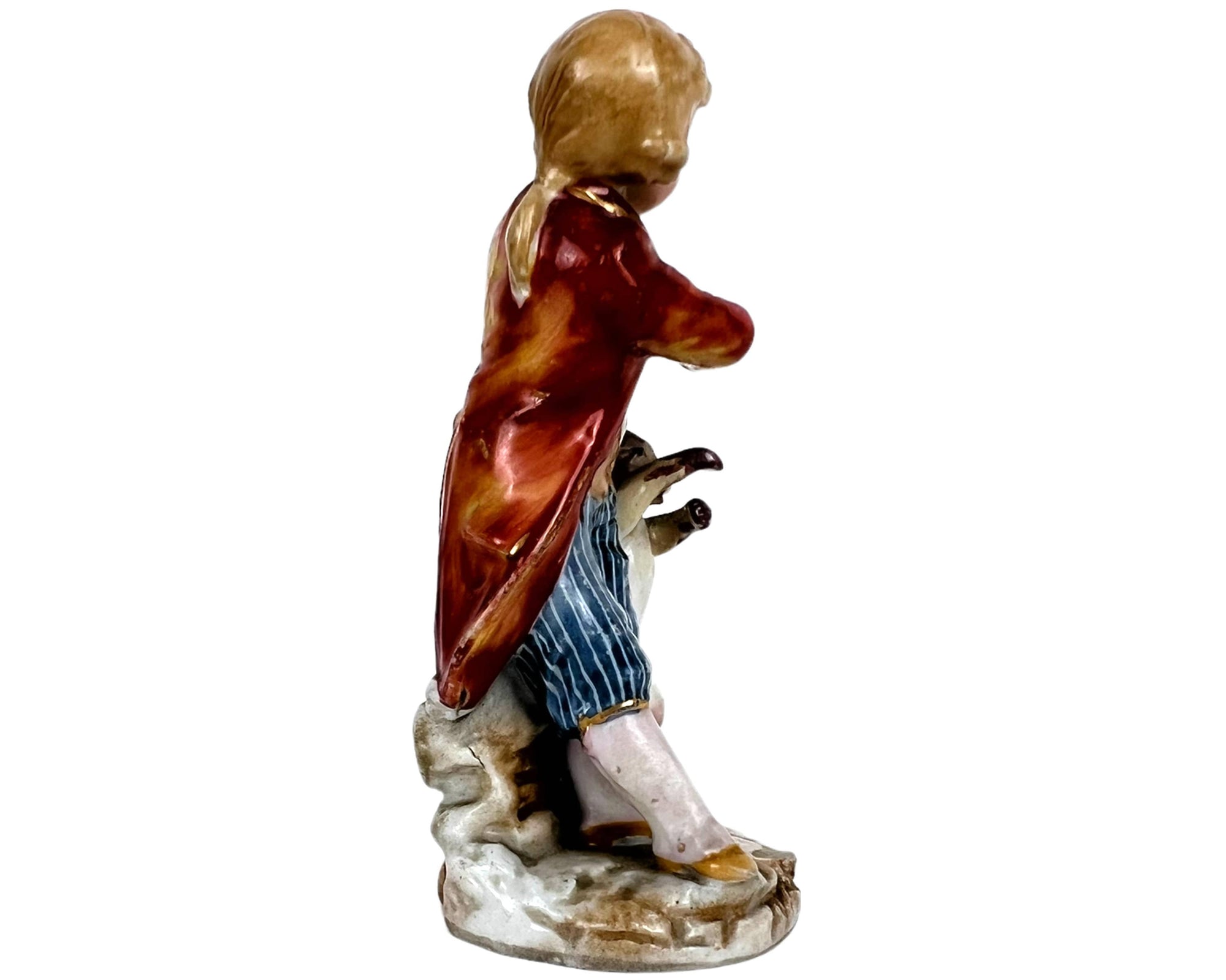 Antique 19th c Sitzendorf Porcelain Miniature Figurine of Boy with Dog Gebruder Voigt - Poppy's Vintage Clothing