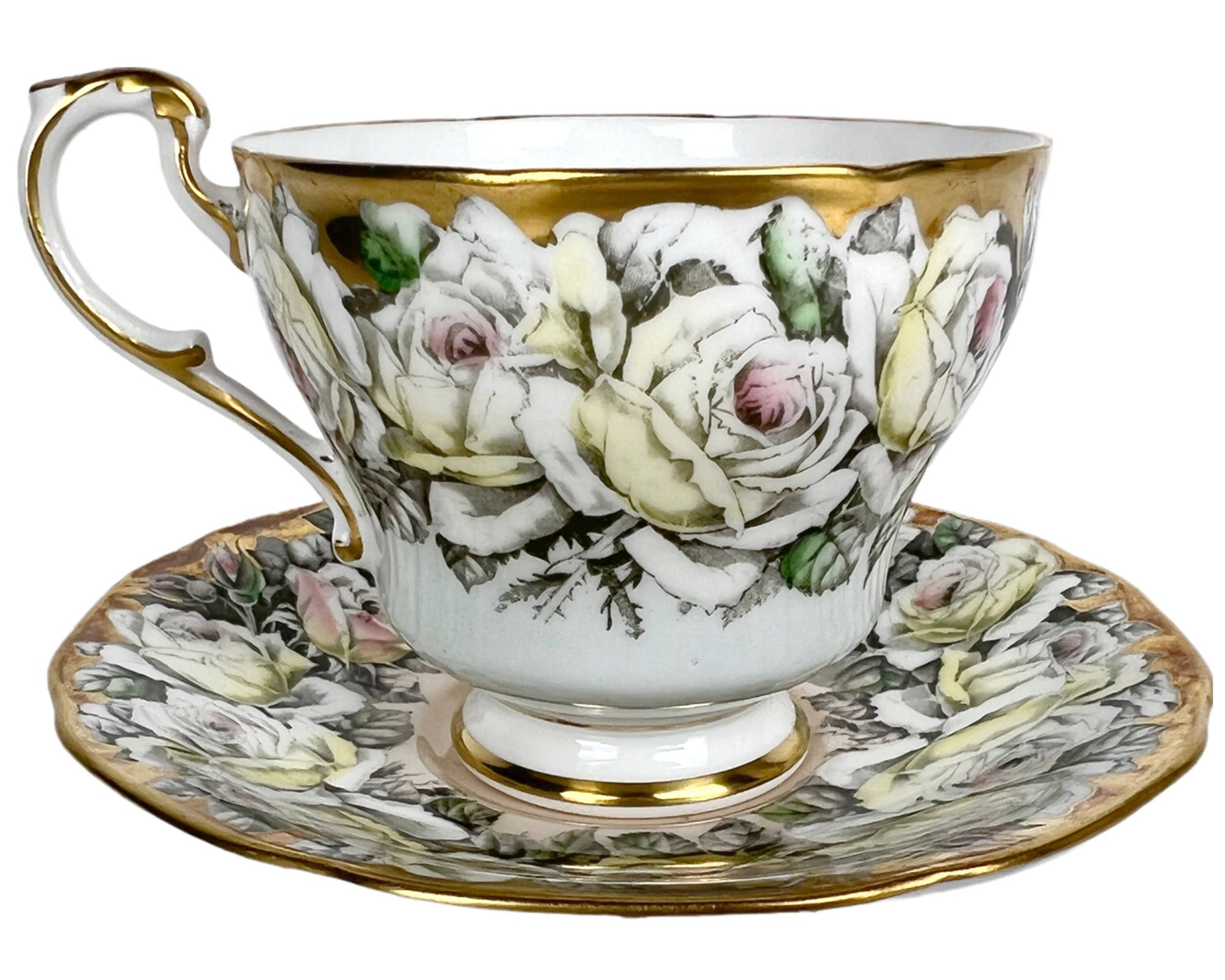 Vintage Paragon Bone China Cup & Saucer Roses on Gold A1584 Double Warrant - Poppy's Vintage Clothing