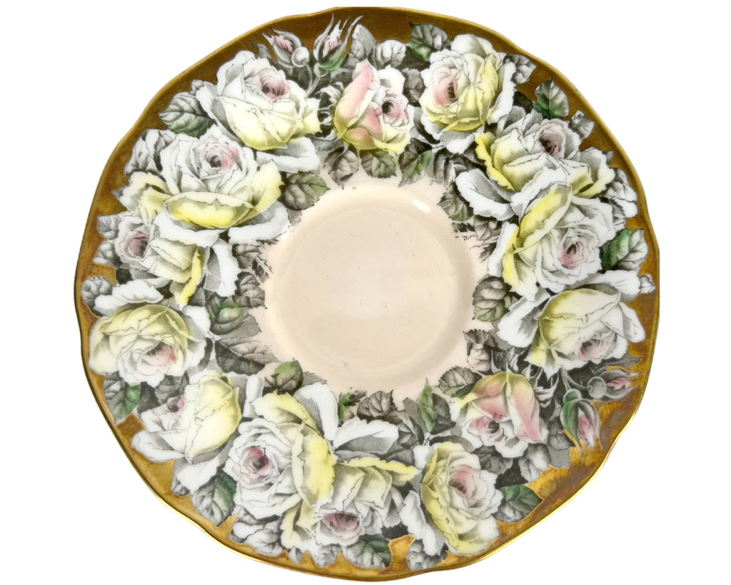 Vintage Paragon Bone China Cup & Saucer Roses on Gold A1584 Double Warrant - Poppy's Vintage Clothing