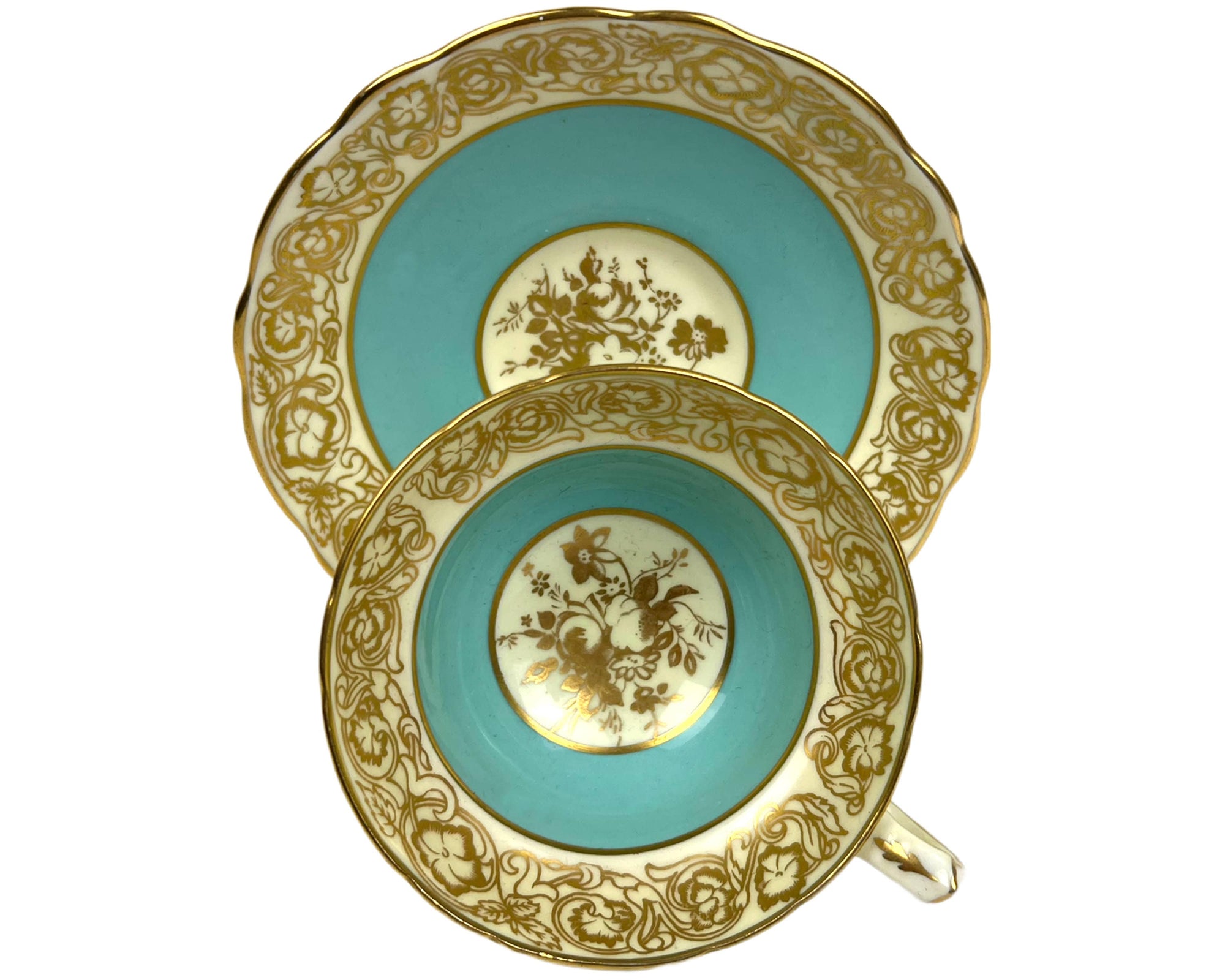 Vintage 1940s Hammersley Bone China Cup & Saucer Gold Floral and Turquoise 4897/5 - Poppy's Vintage Clothing