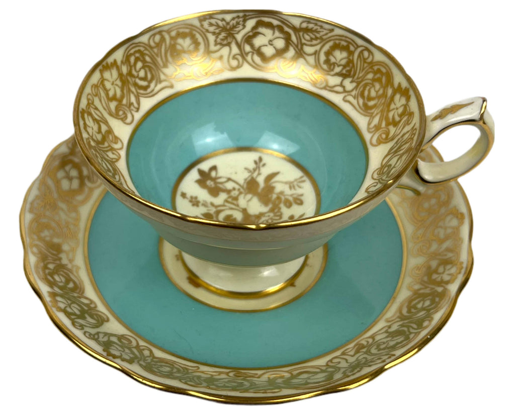 Vintage 1940s Hammersley Bone China Cup & Saucer Gold Floral and Turquoise 4897/5 - Poppy's Vintage Clothing