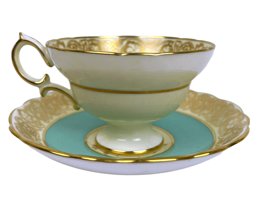 Vintage 1940s Hammersley Bone China Cup & Saucer Gold Floral and Turquoise 4897/5 - Poppy's Vintage Clothing
