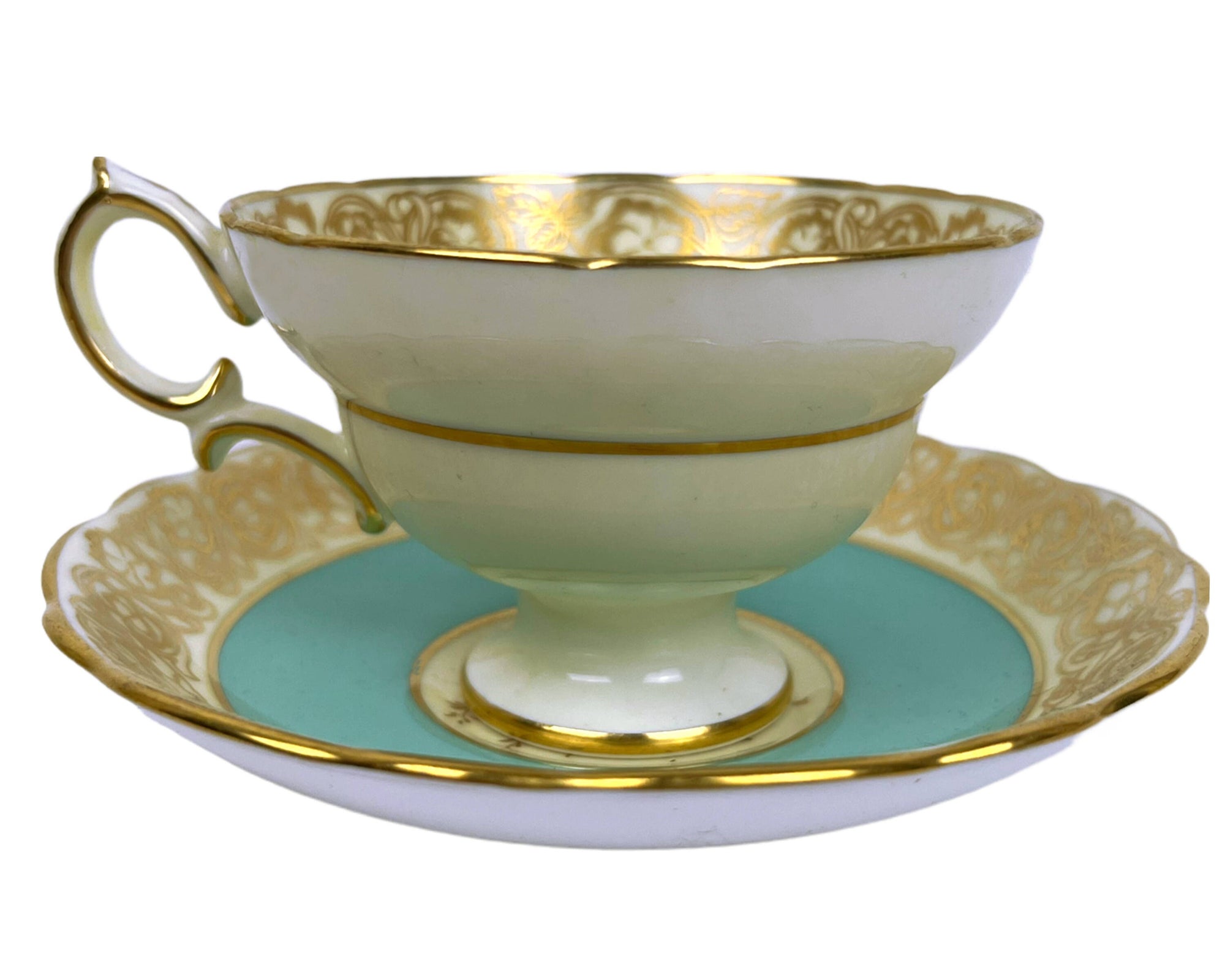 Vintage 1940s Hammersley Bone China Cup & Saucer Gold Floral and Turquoise 4897/5 - Poppy's Vintage Clothing