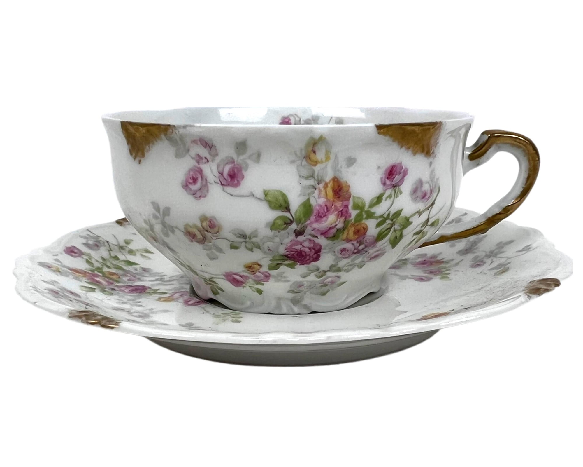 Antique Limoges Porcelain Cup and Saucer Hand Painted Flowers Charles Ahrenfeldt - Poppy's Vintage Clothing