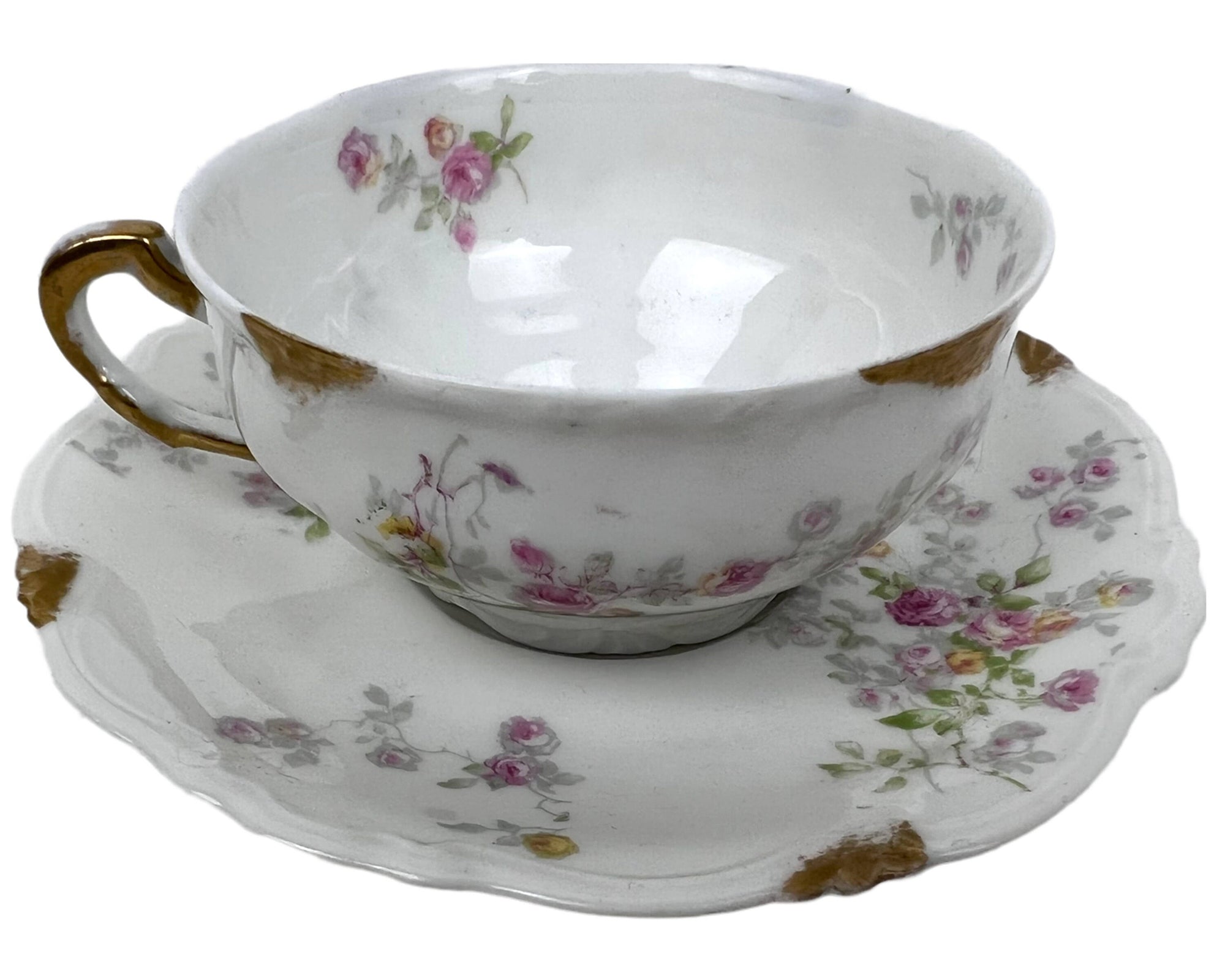 Antique Limoges Porcelain Cup and Saucer Hand Painted Flowers Charles Ahrenfeldt - Poppy's Vintage Clothing