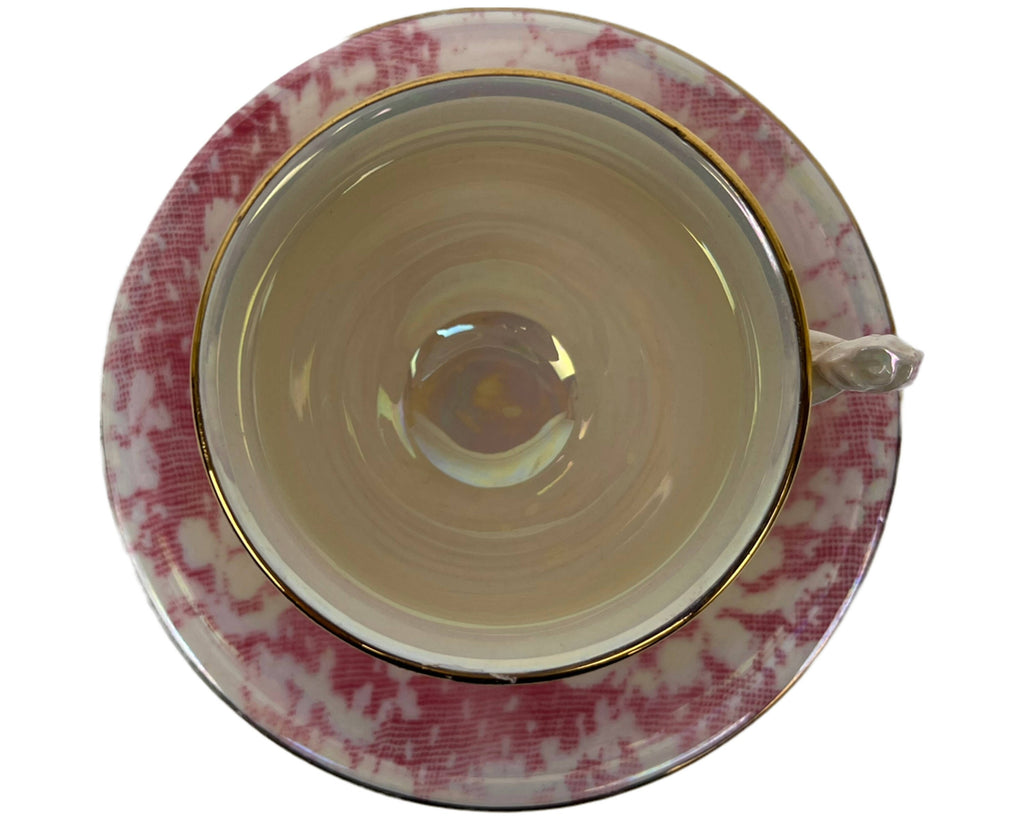 1940s Royal Winton Grimwades Pink Brocade Rose Cup & Saucer w Rosebud Flower Handle - Poppy's Vintage Clothing