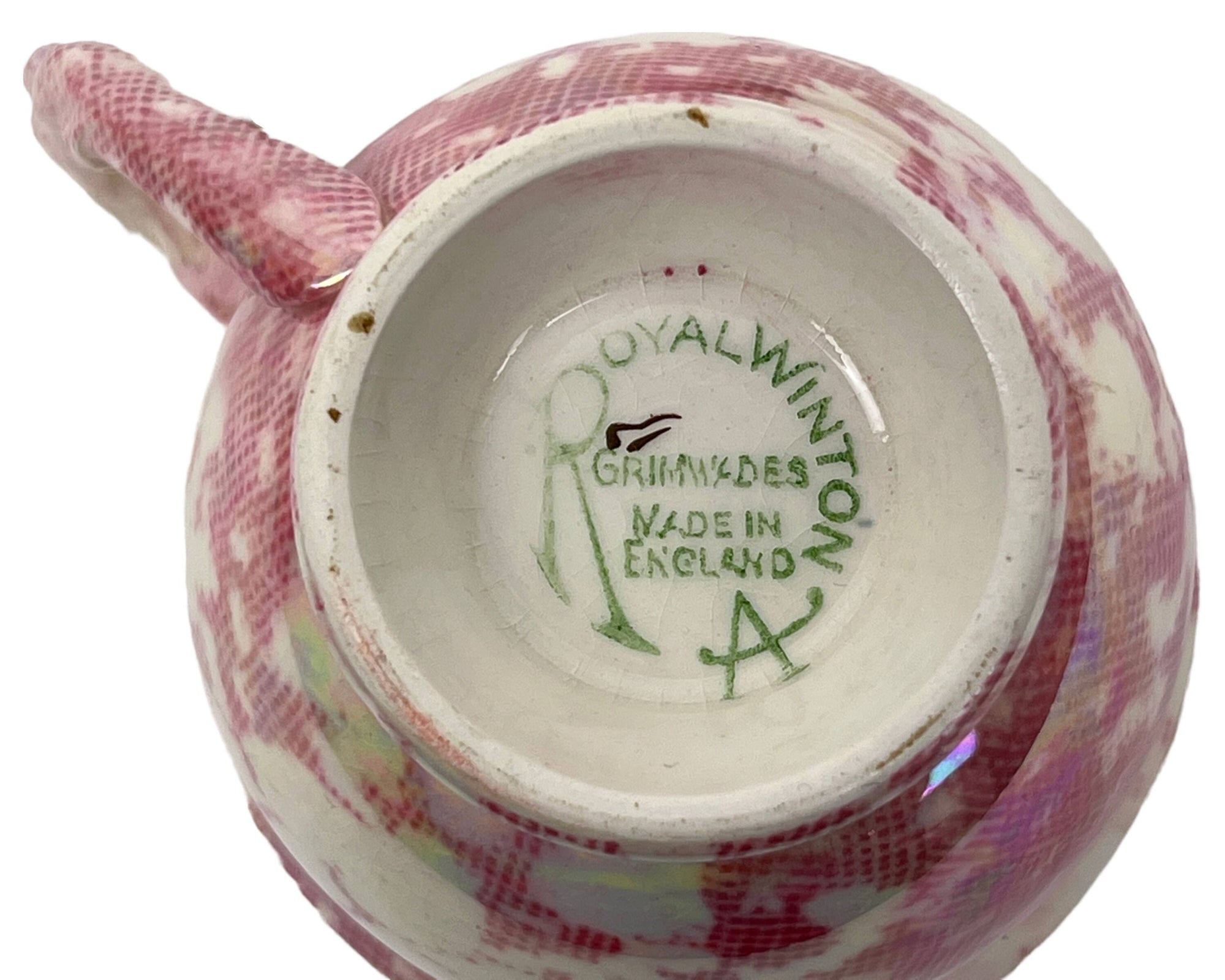1940s Royal Winton Grimwades Pink Brocade Rose Cup & Saucer w Rosebud Flower Handle - Poppy's Vintage Clothing