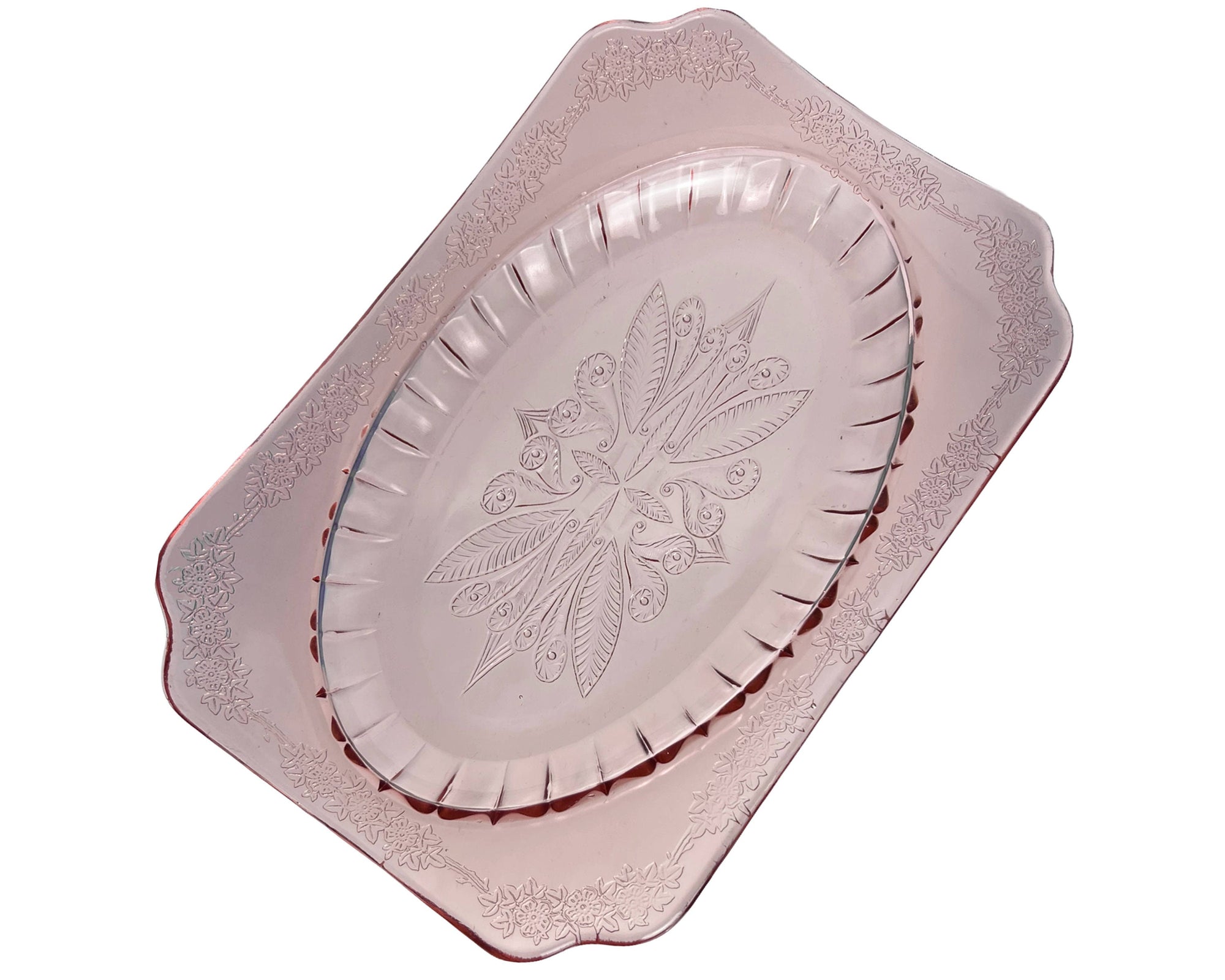 Jeannette Depression Glass Adam Platter Pink 11 3/4 Oval Within Rectangle - Poppy's Vintage Clothing