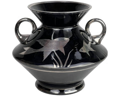 Art Deco Czech Vase Silver Deposit Fish on Black Glass 1930s - Poppy's Vintage Clothing