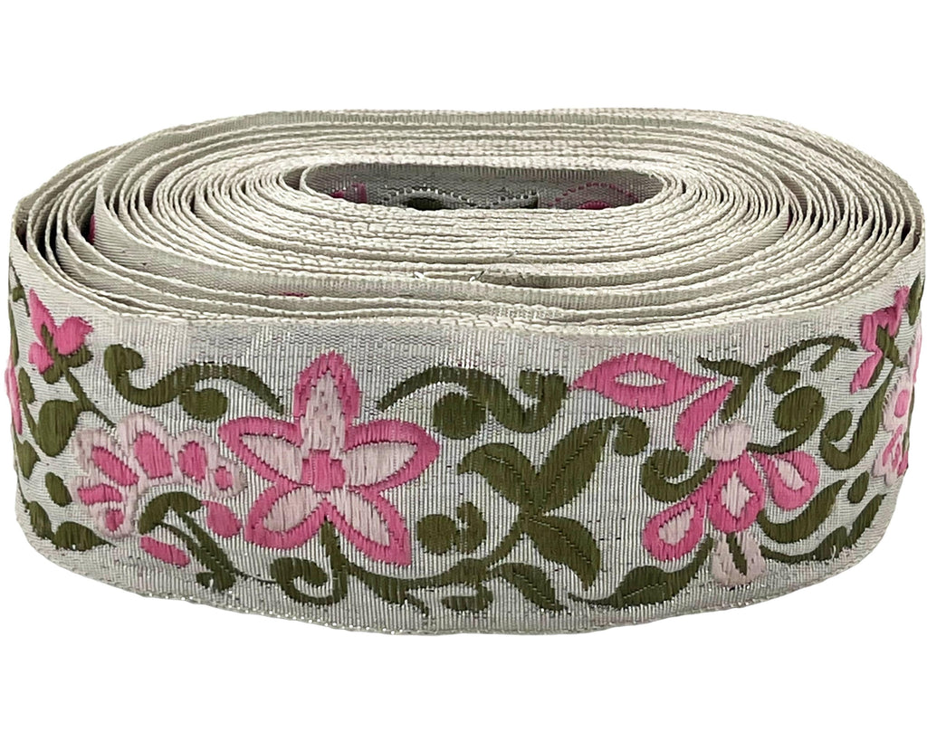 Vintage Jacquard Ribbon Trim Pink & Green Floral Embroidery on Silver 7 Yards 1.5 - Poppy's Vintage Clothing