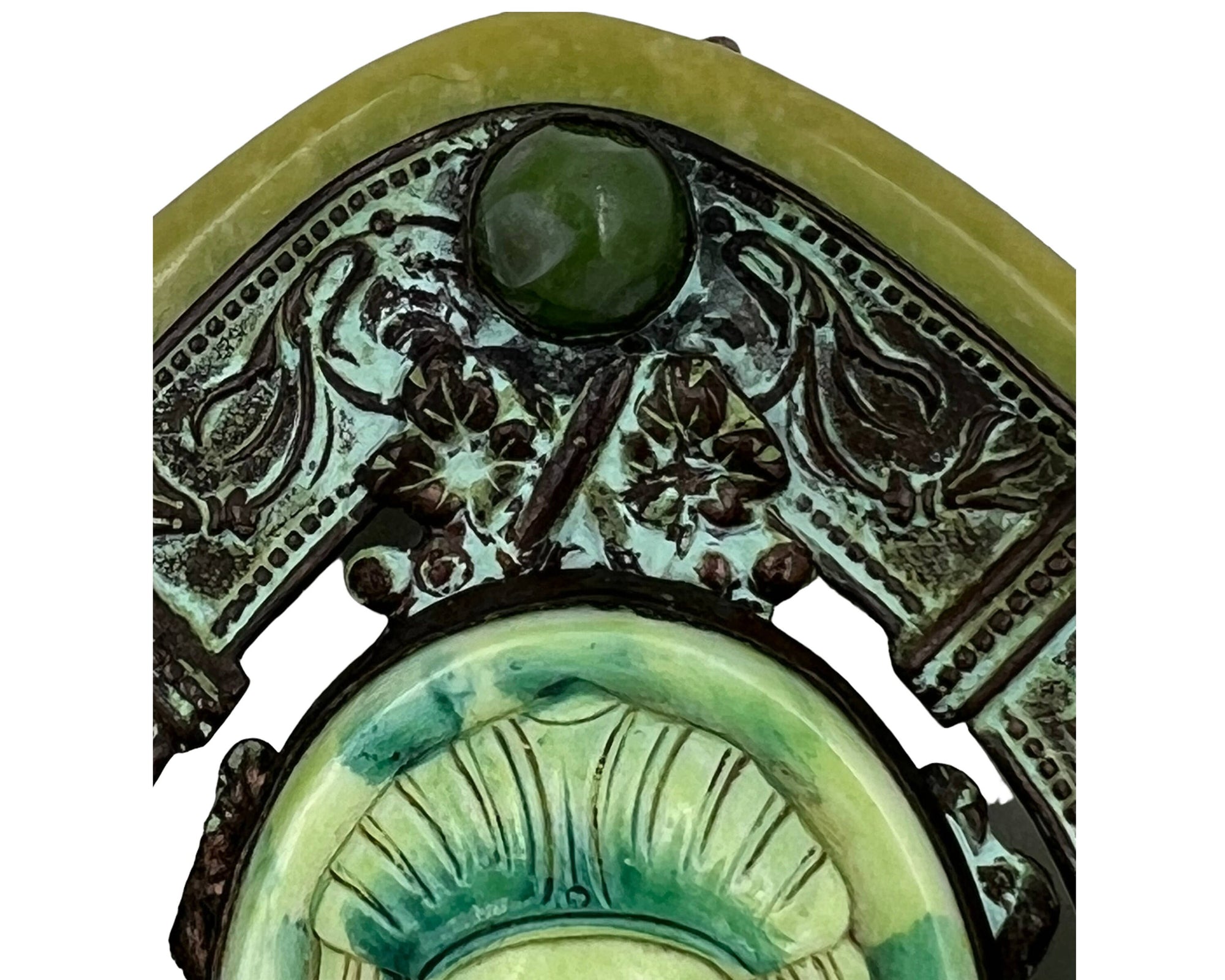 Vintage 1920s Egyptian Revival Pendant or Belt Buckle Poured Glass Celluloid & Patinated Copper - Poppy's Vintage Clothing