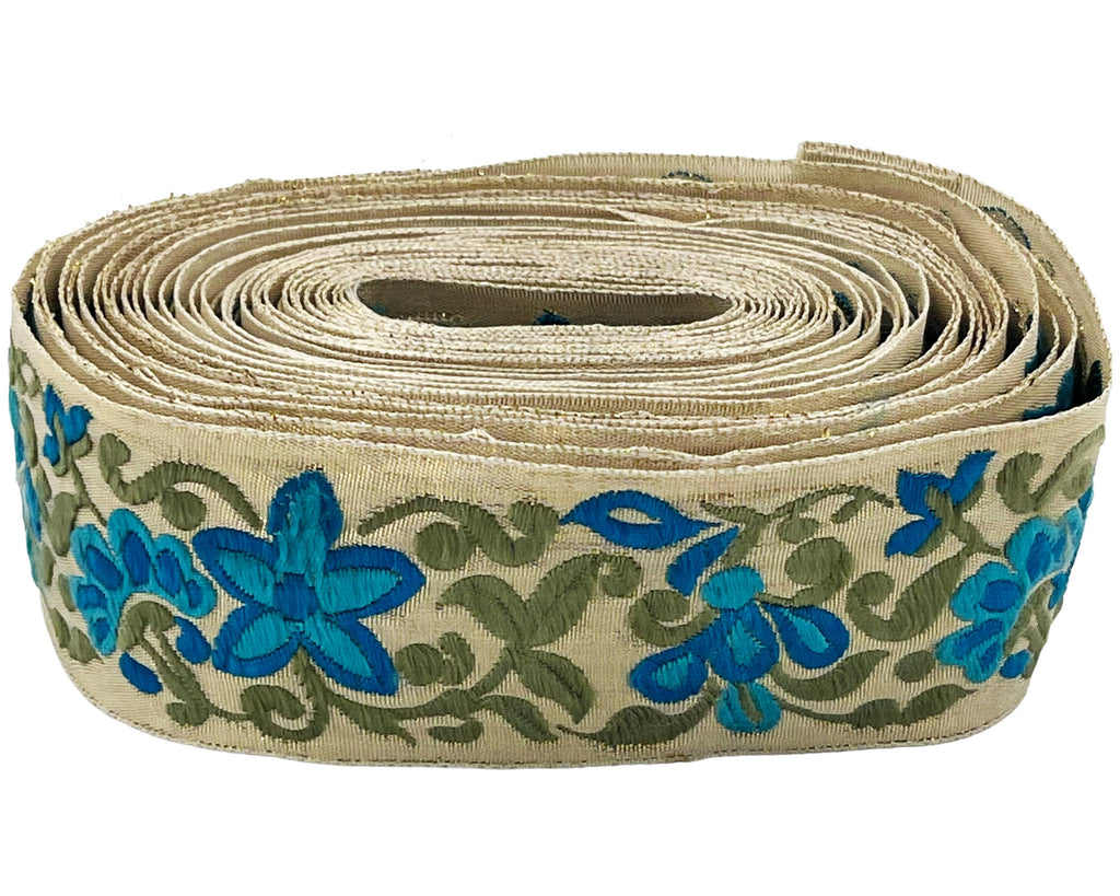 Vintage Jacquard Ribbon Trim Pink & Green Floral Embroidery on Silver 7 Yards 1.5 - Poppy's Vintage Clothing