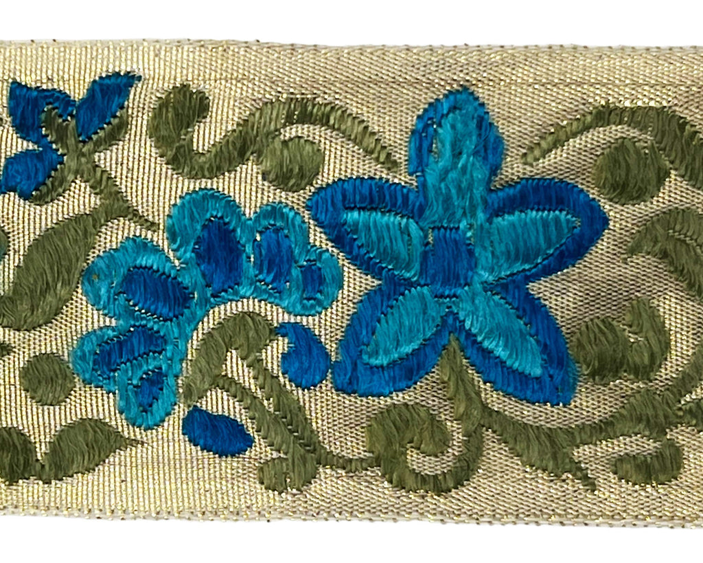 Vintage Jacquard Ribbon Trim Pink & Green Floral Embroidery on Silver 7 Yards 1.5 - Poppy's Vintage Clothing