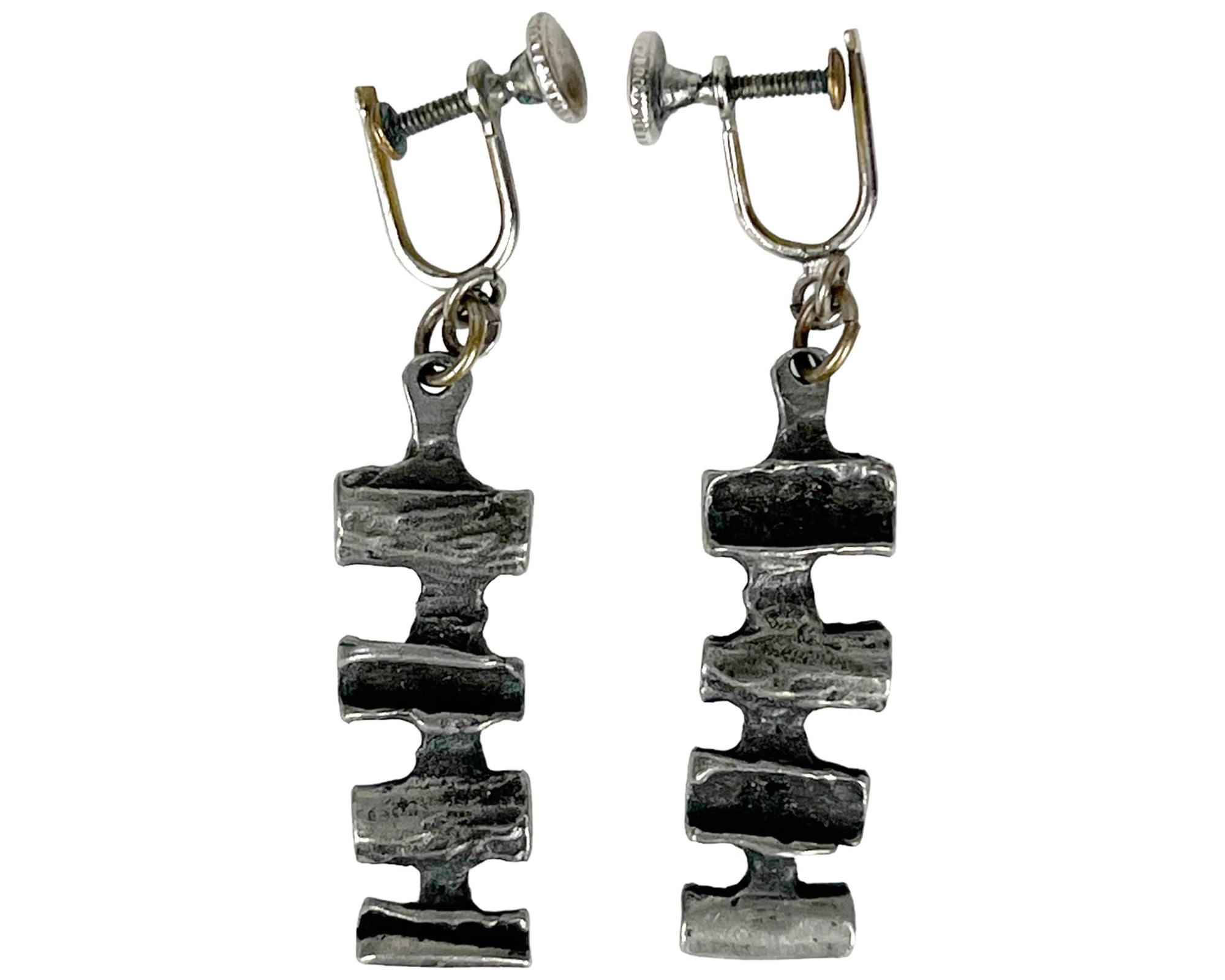Vintage 1960s Brutalist Dangle Earrings Pewter Gilles Vidal - Poppy's Vintage Clothing