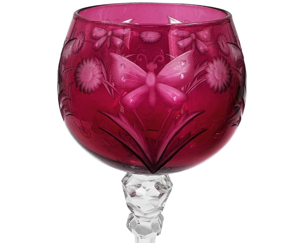 Antique Crystal Wine Glass Stem Cranberry Cut to Clear - Poppy's Vintage Clothing