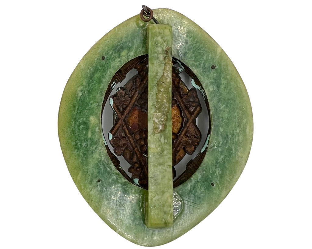Vintage 1920s Egyptian Revival Pendant or Belt Buckle Poured Glass Celluloid & Patinated Copper - Poppy's Vintage Clothing