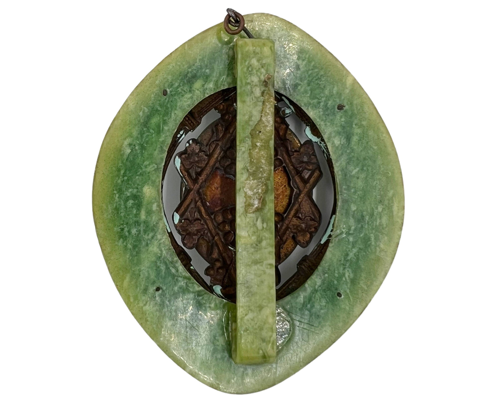 Vintage 1920s Egyptian Revival Pendant or Belt Buckle Poured Glass Celluloid & Patinated Copper - Poppy's Vintage Clothing