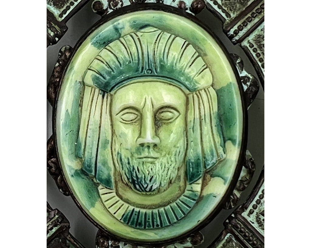 Vintage 1920s Egyptian Revival Pendant or Belt Buckle Poured Glass Celluloid & Patinated Copper - Poppy's Vintage Clothing