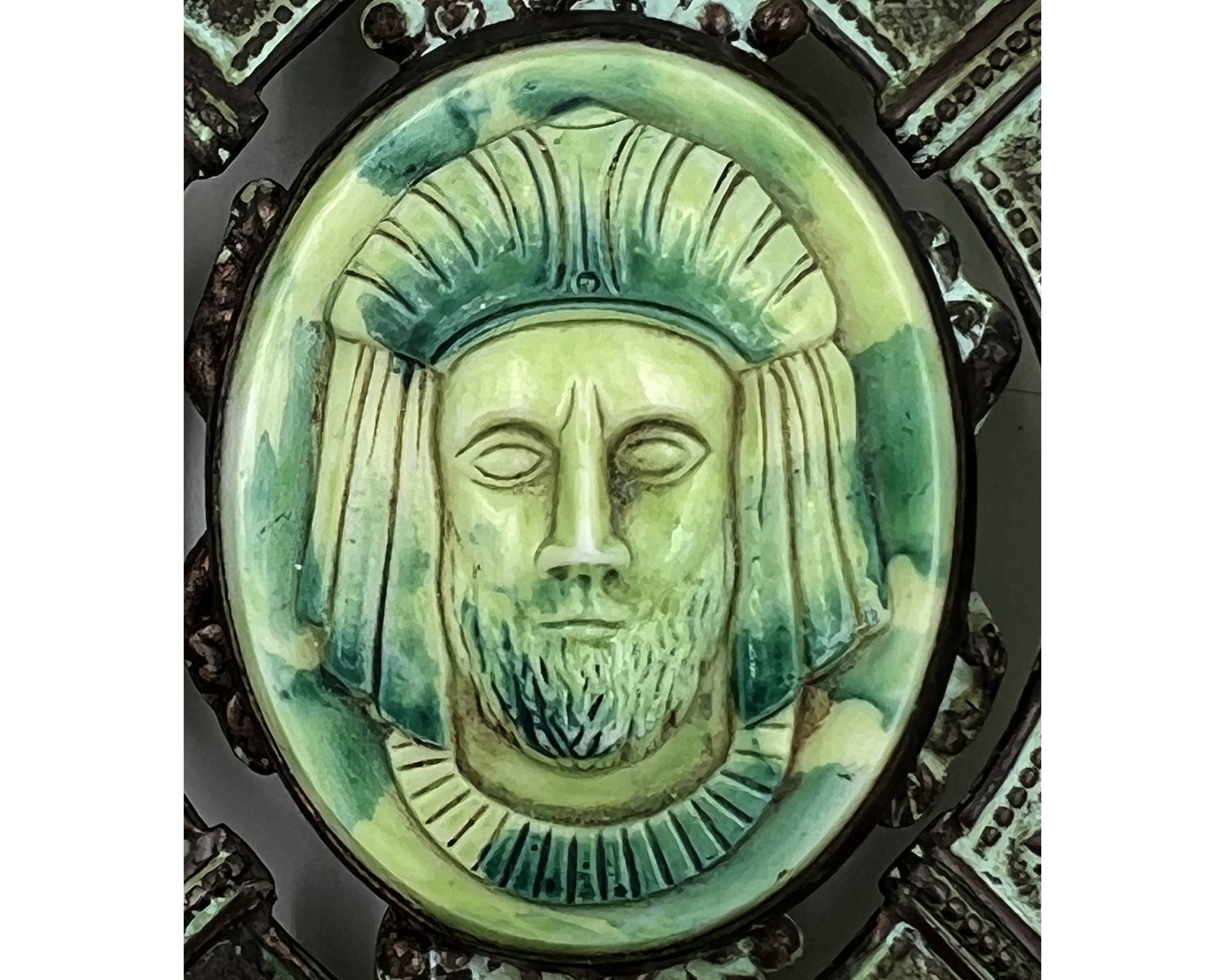 Vintage 1920s Egyptian Revival Pendant or Belt Buckle Poured Glass Celluloid & Patinated Copper - Poppy's Vintage Clothing