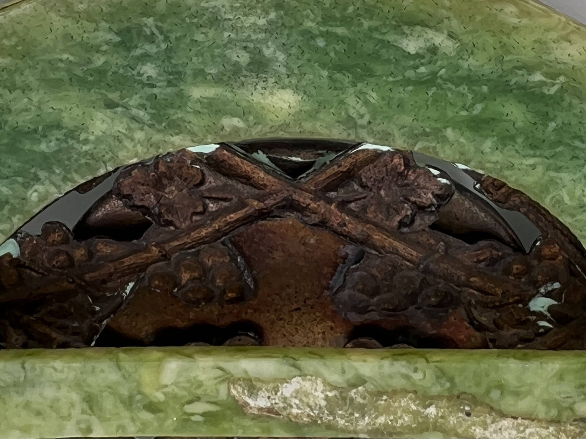 Vintage 1920s Egyptian Revival Pendant or Belt Buckle Poured Glass Celluloid & Patinated Copper - Poppy's Vintage Clothing